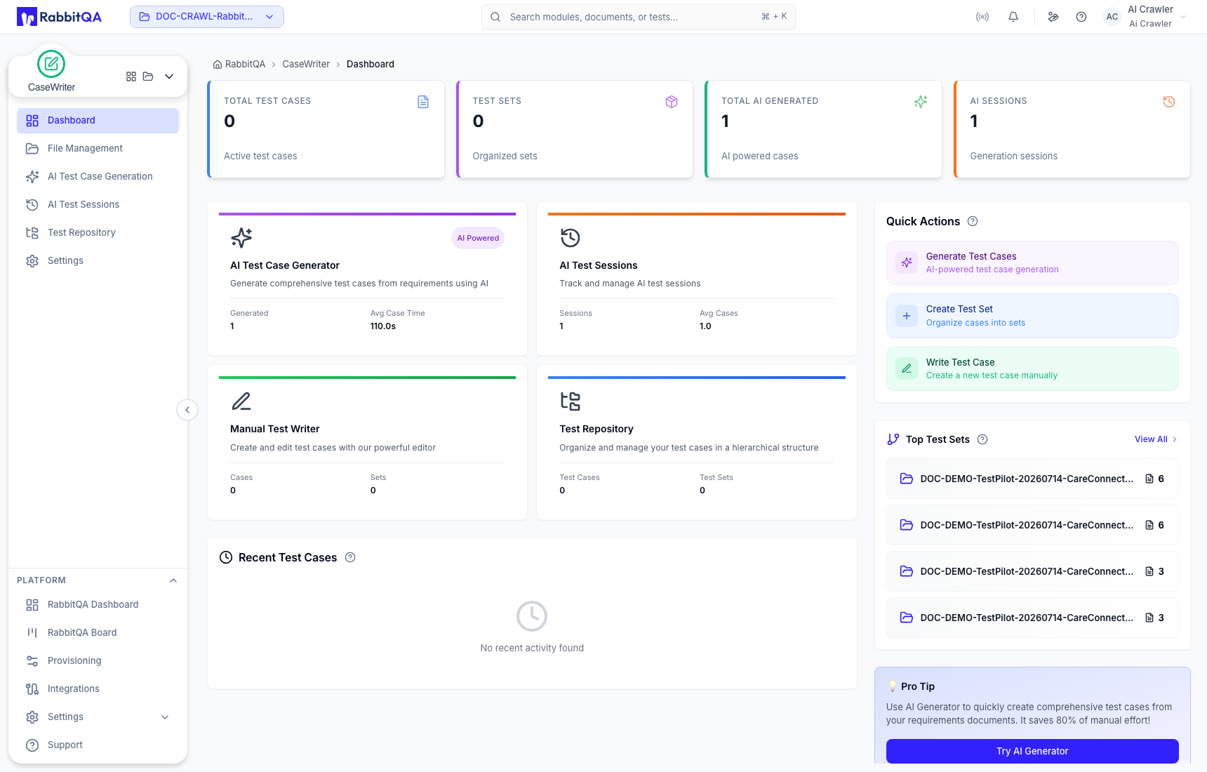 CaseWriter dashboard for the active project