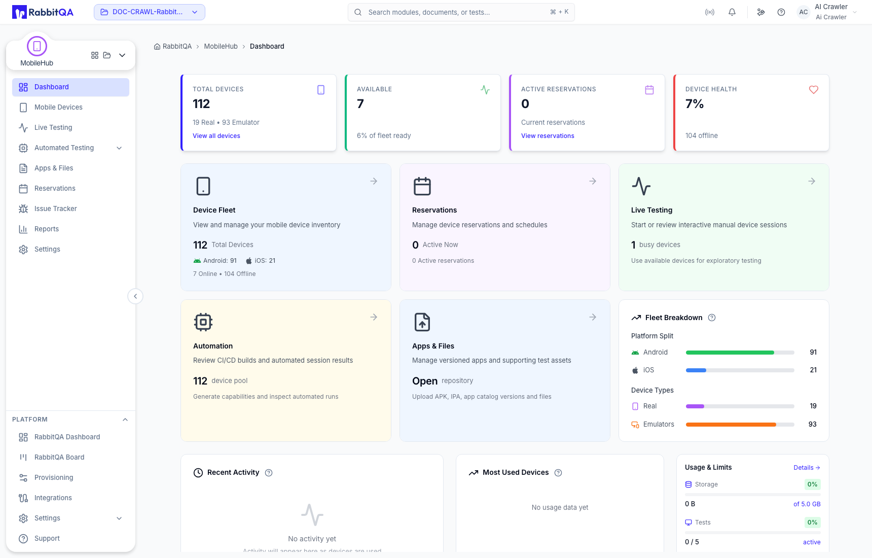 MobileHub dashboard for the selected project