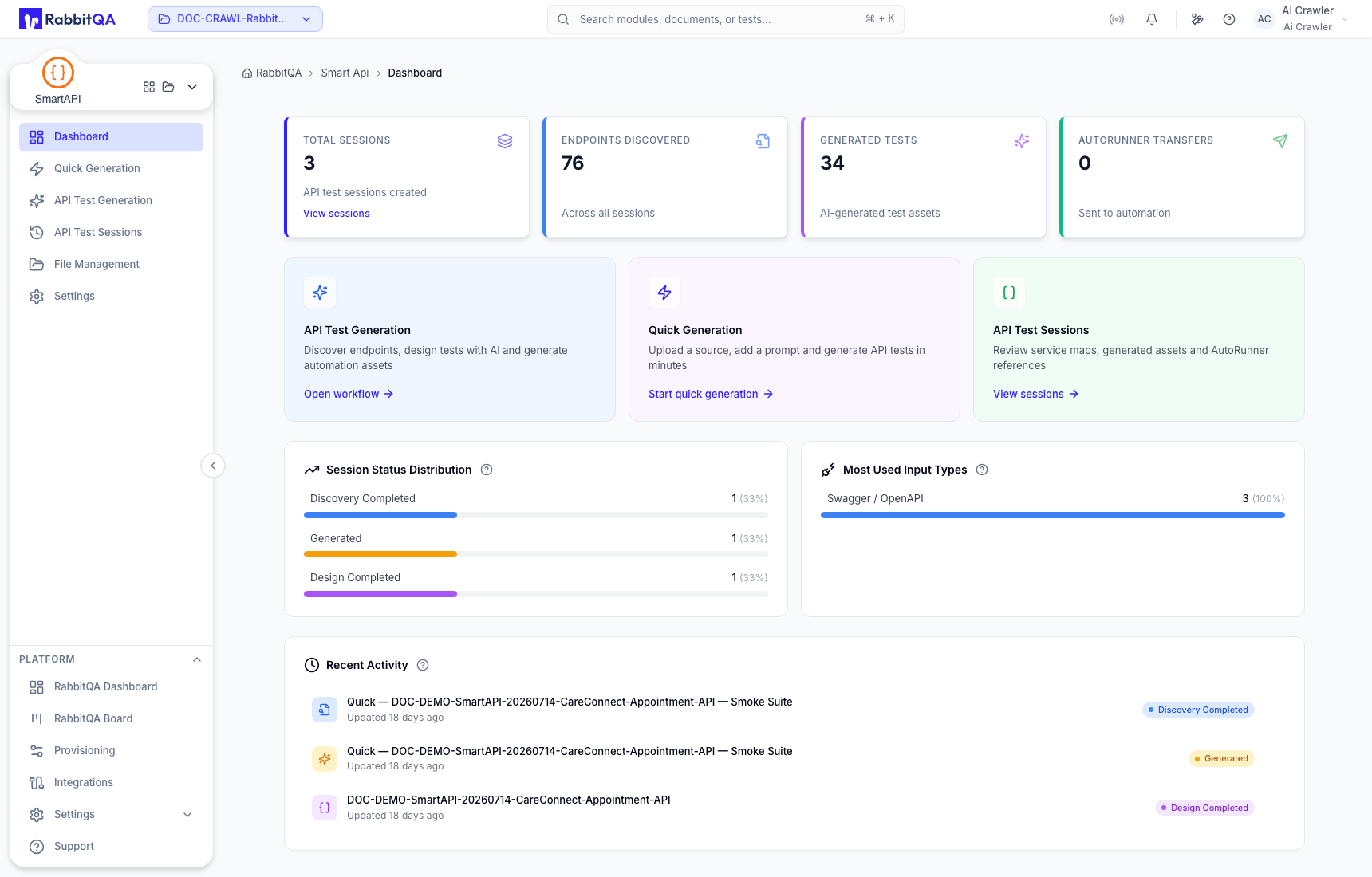 SmartAPI dashboard for the selected project