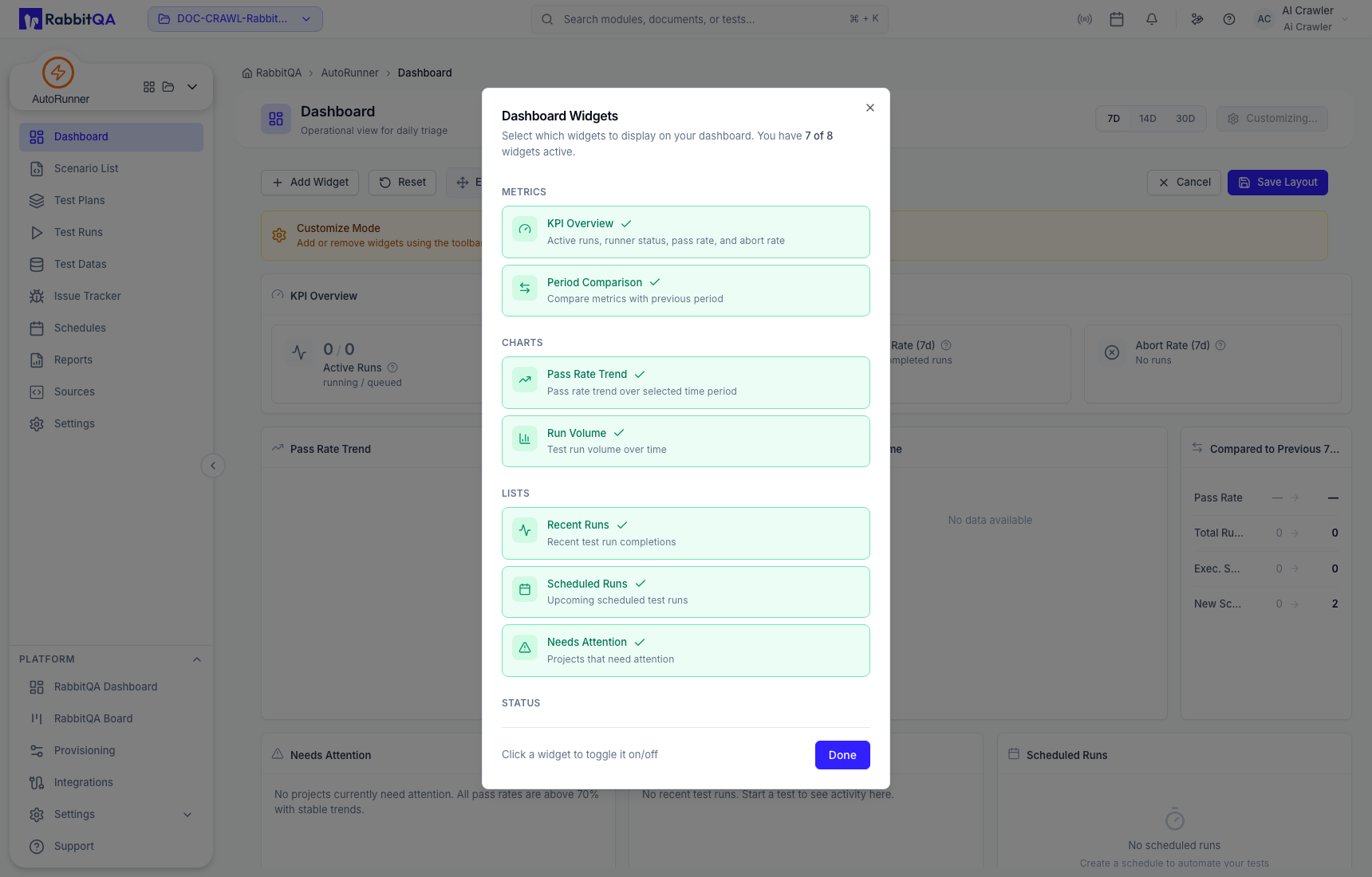 Available dashboard widgets
