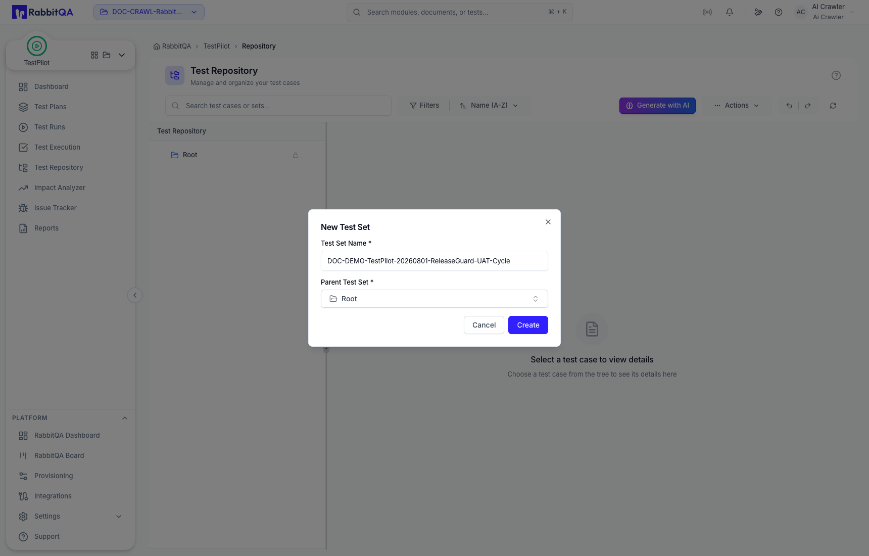 A new Test Set ready for creation under Root