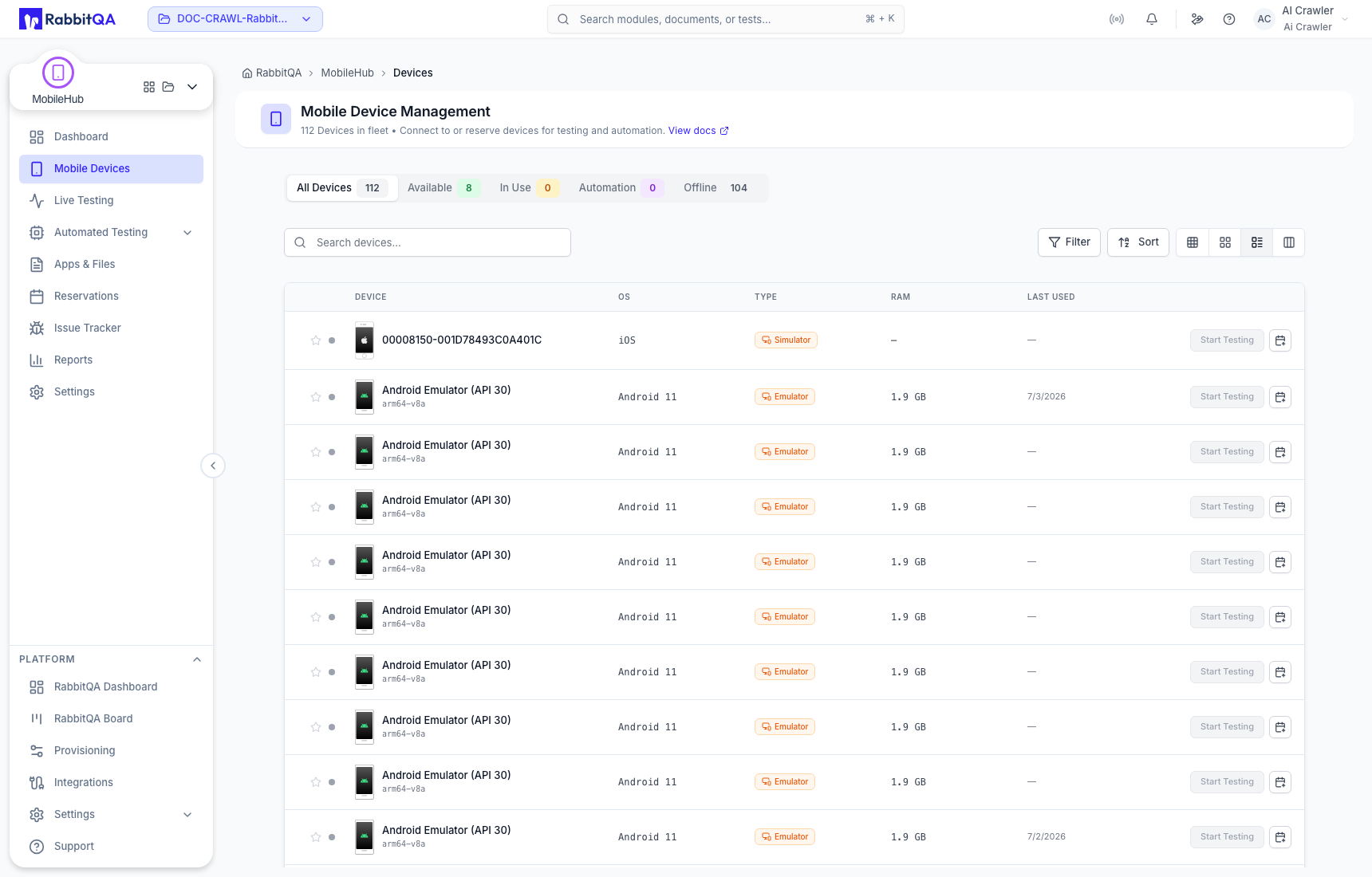 Device list view and row actions