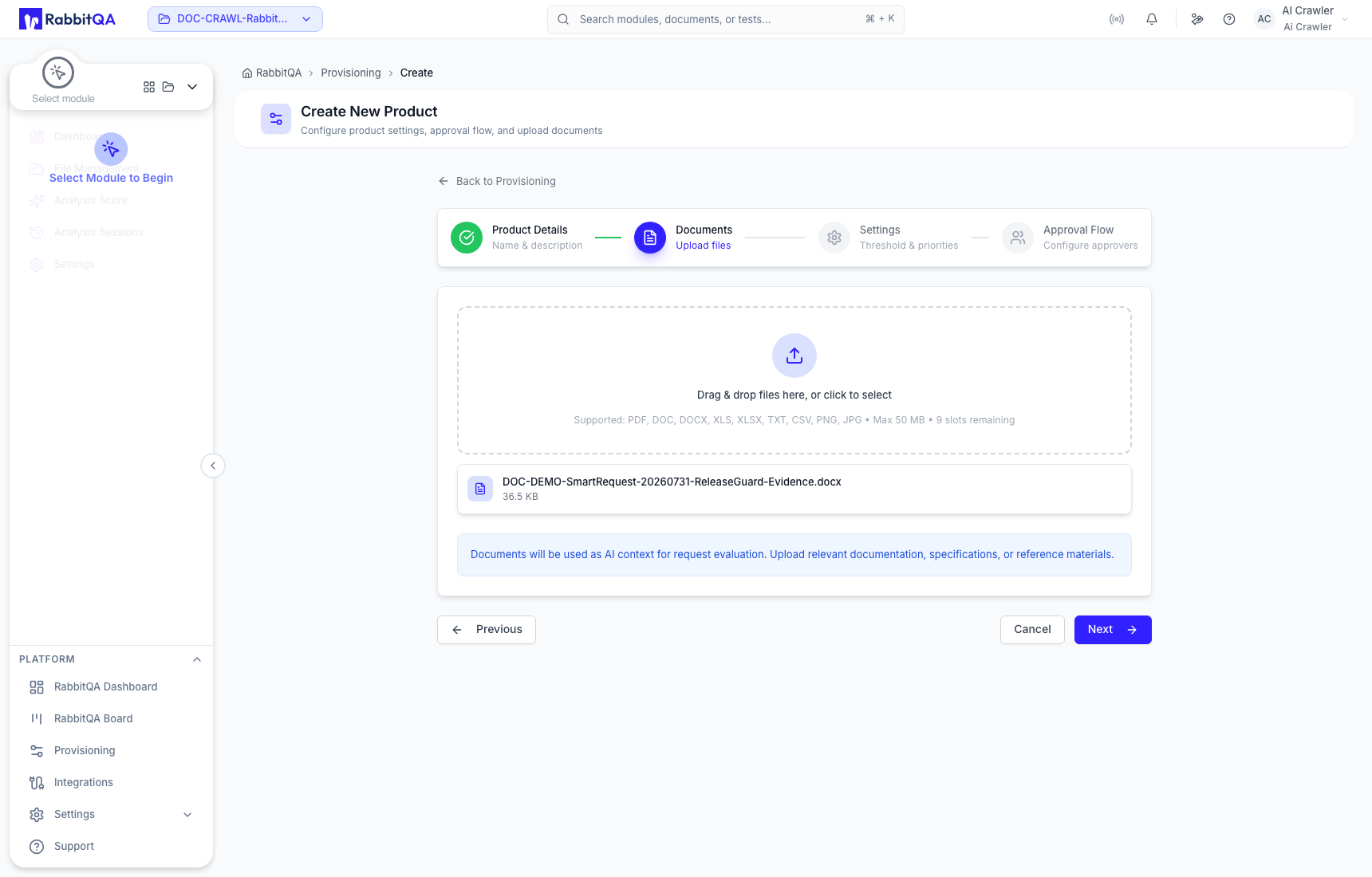 Product evidence selected for upload