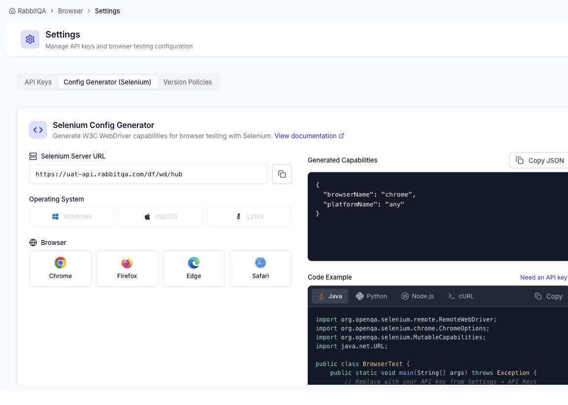 BrowserHub Selenium Config Generator