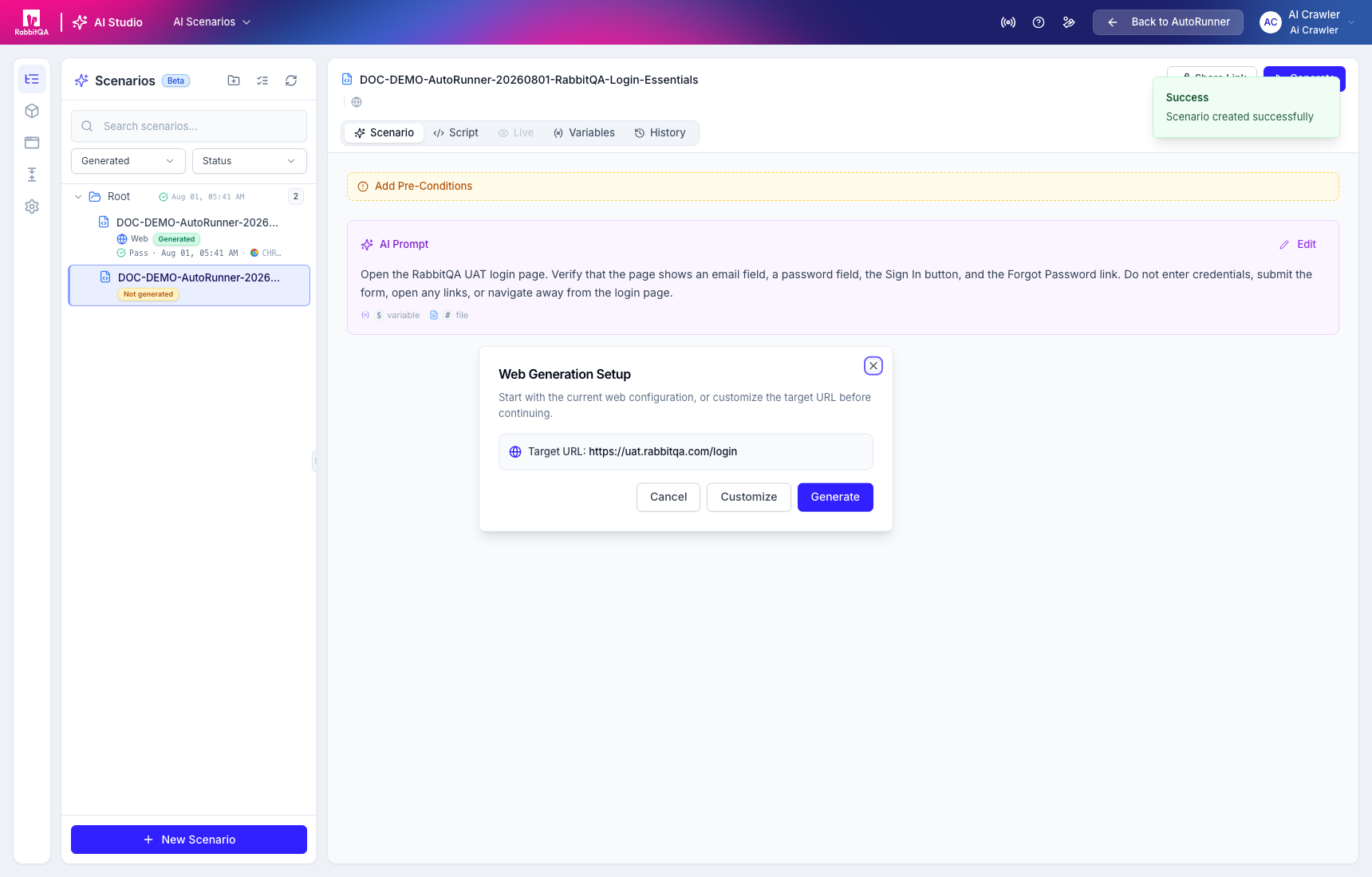 Web generation setup
