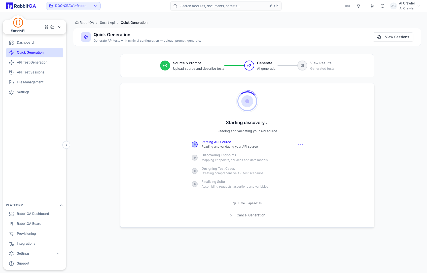 Quick Generation processing the selected source