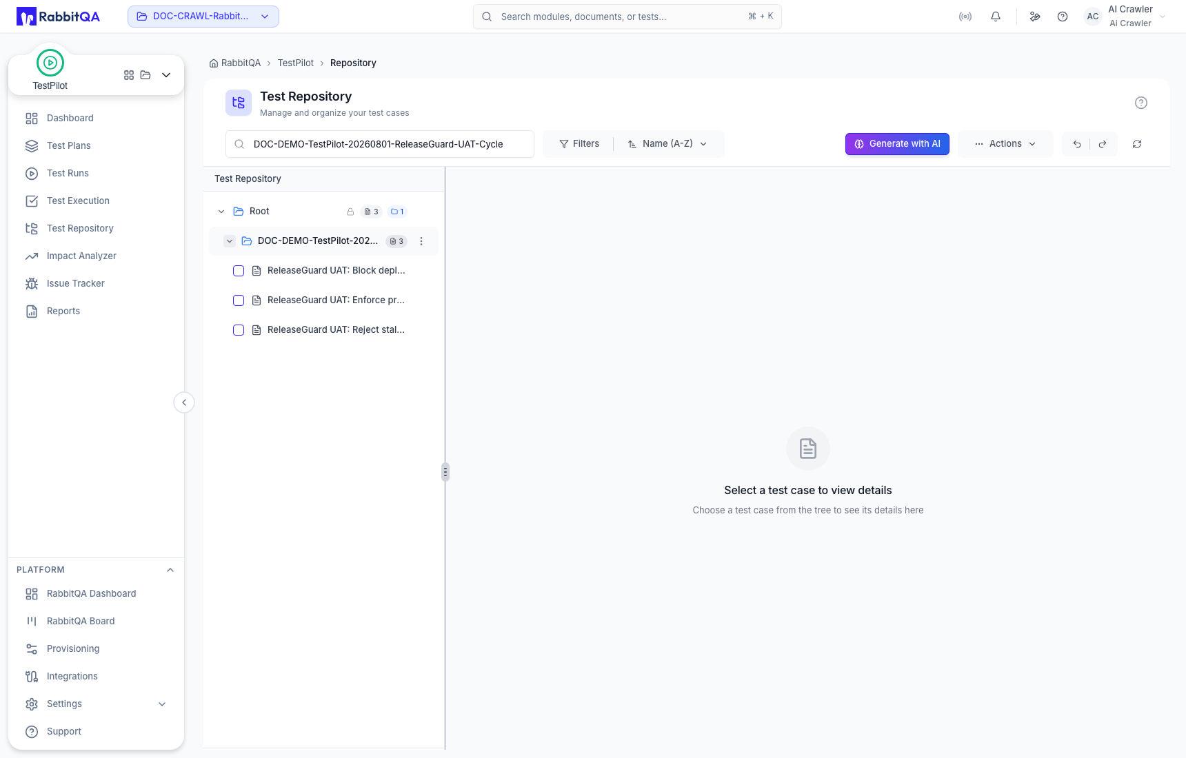 A ReleaseGuard test set with three maintained cases