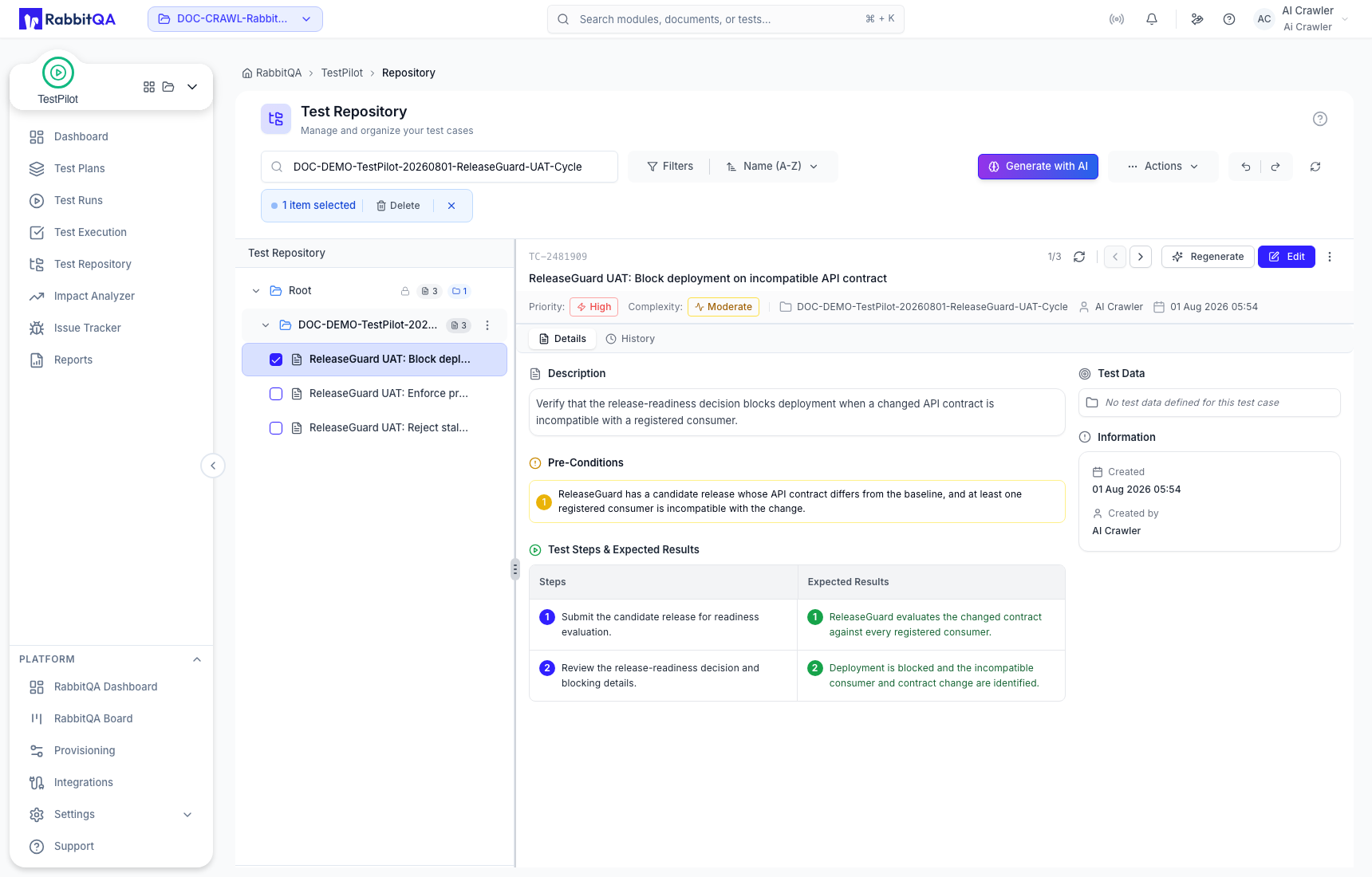 Persistent test case details