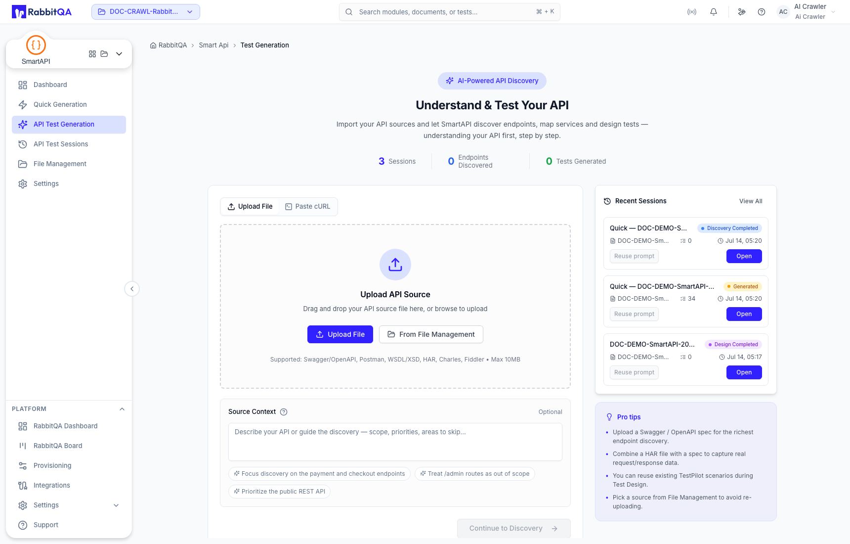 API Test Generation input and recent sessions