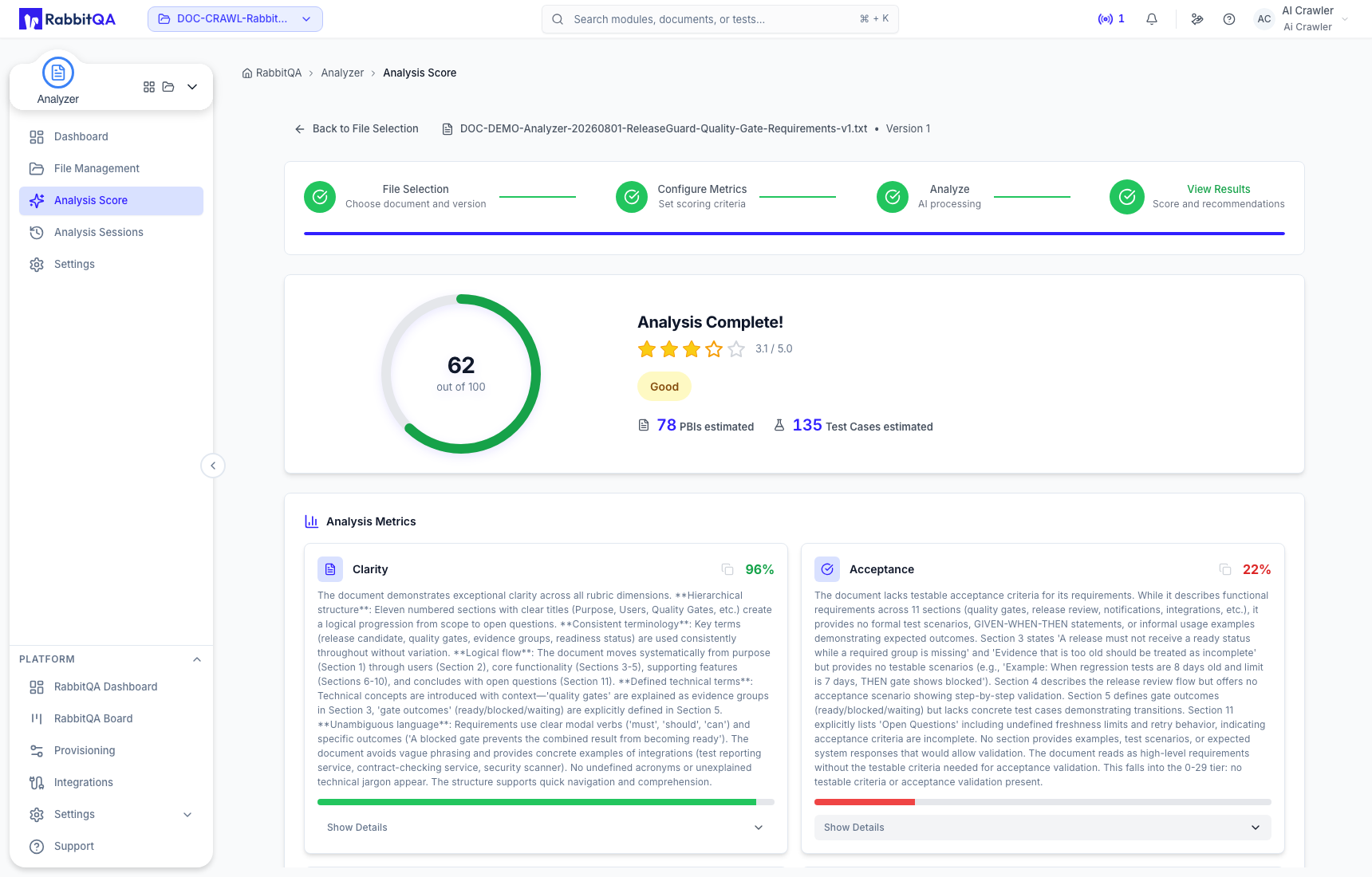Score and metric summary