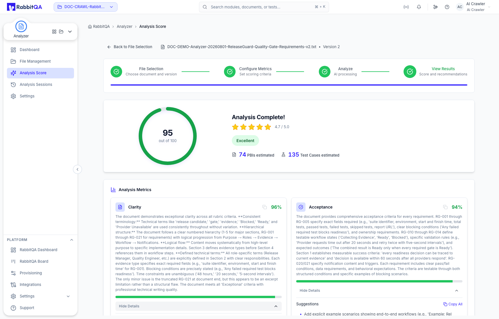 Metric evidence and recommendations