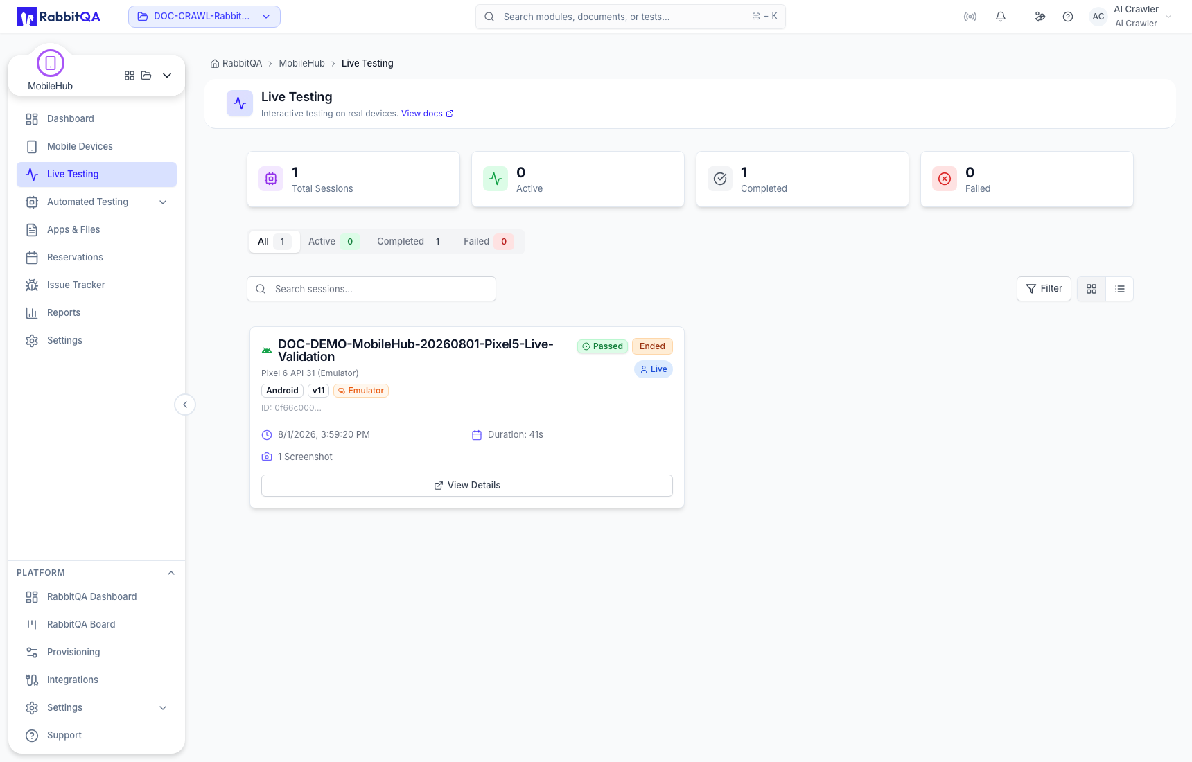 Completed session in Live Testing history