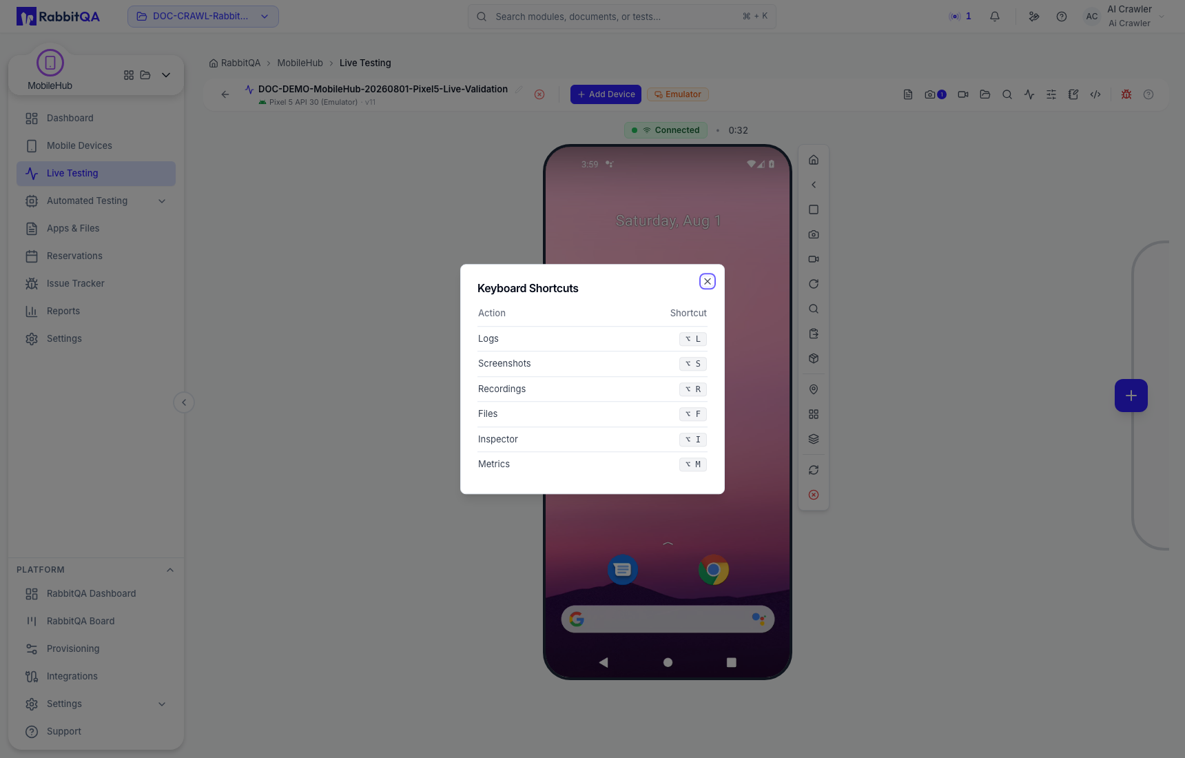 Live testing keyboard shortcuts