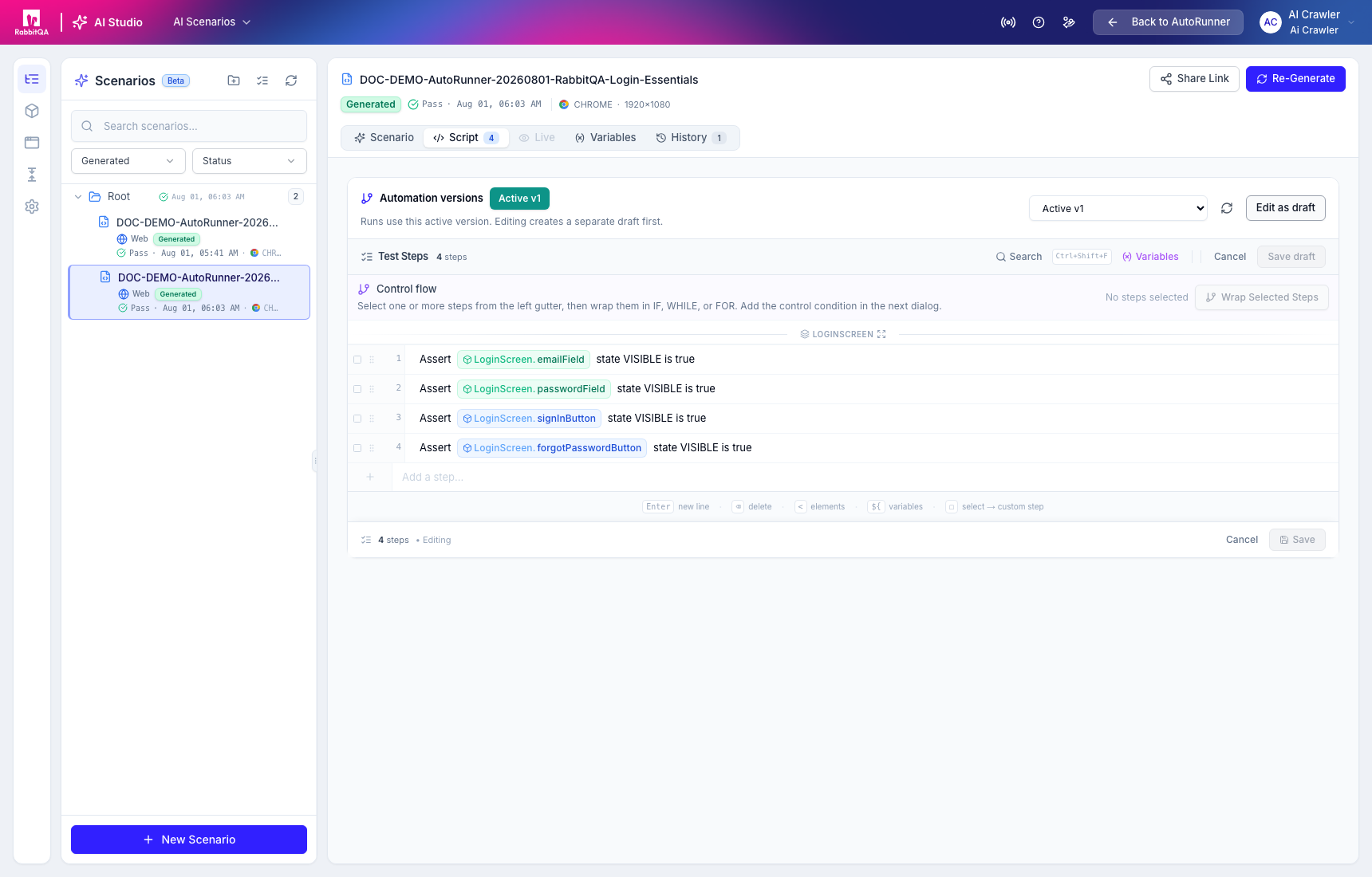 Active automation opened as a draft
