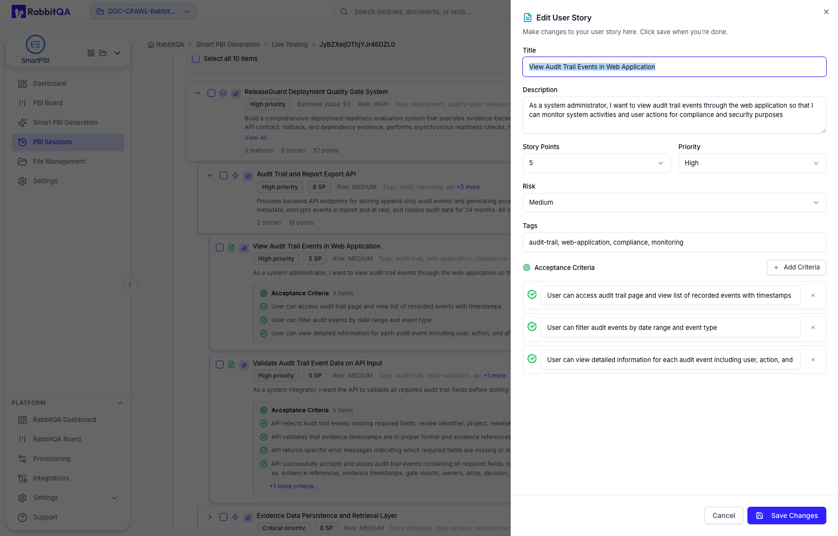 Generated User Story edit fields