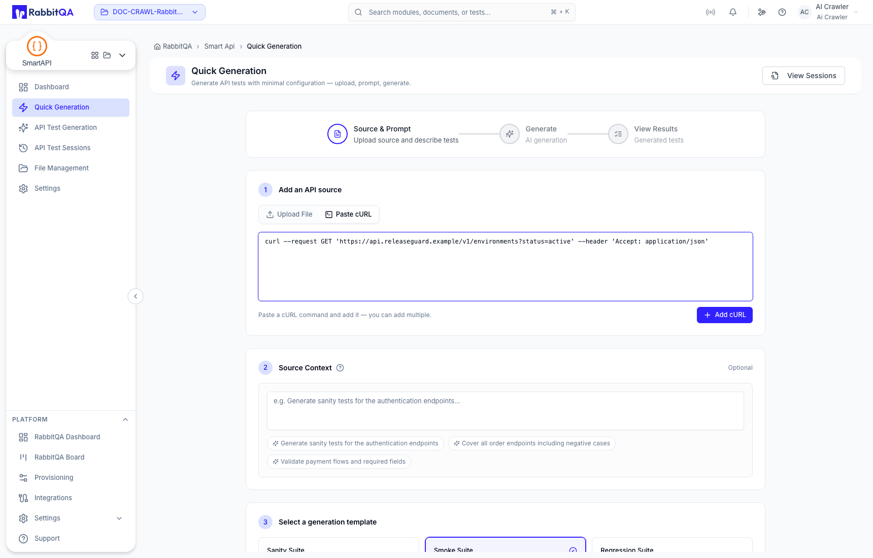 cURL entered in Quick Generation