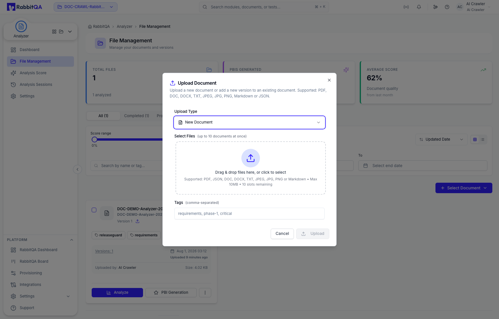 New-document upload fields and supported formats