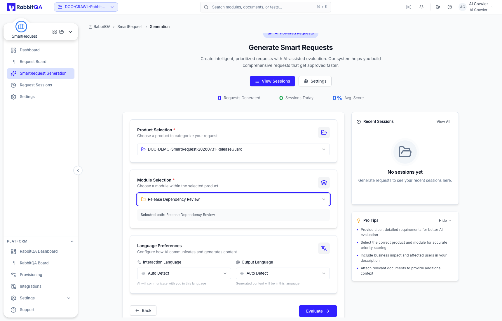 Product, module, and language preferences