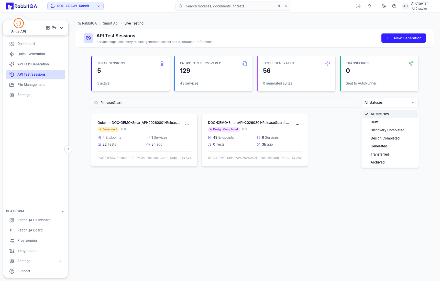 API test-session lifecycle filters