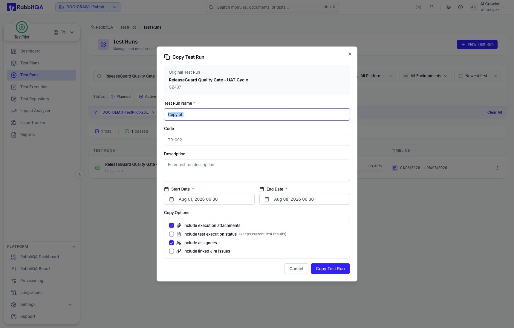 Test Run clone fields and copy options