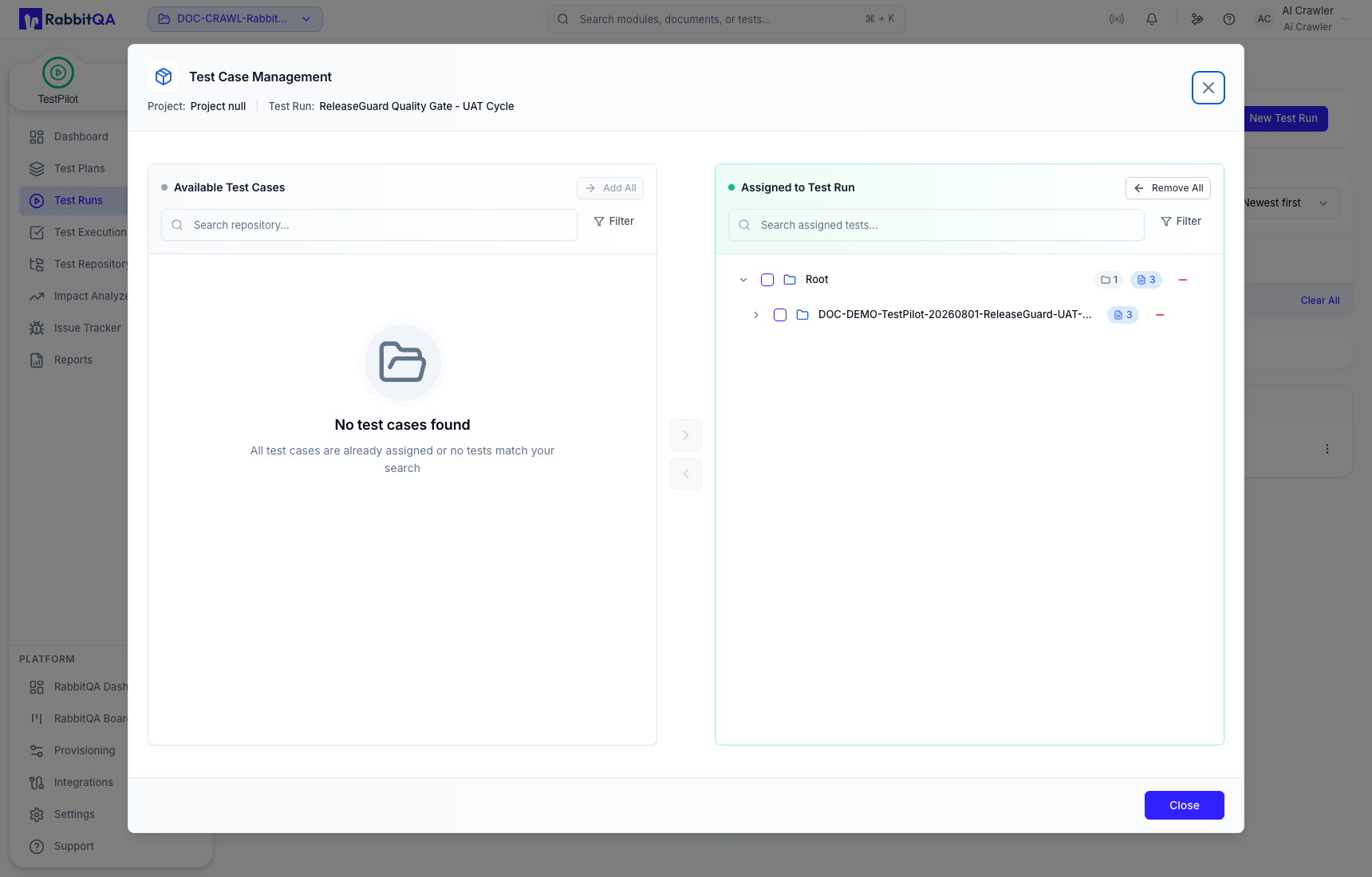 Available and assigned Test Case Management panels