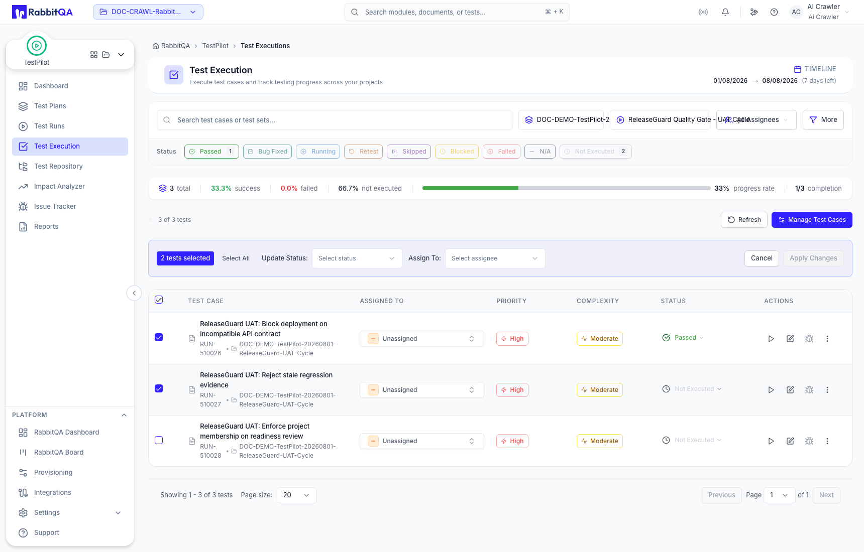 Bulk status and assignee controls