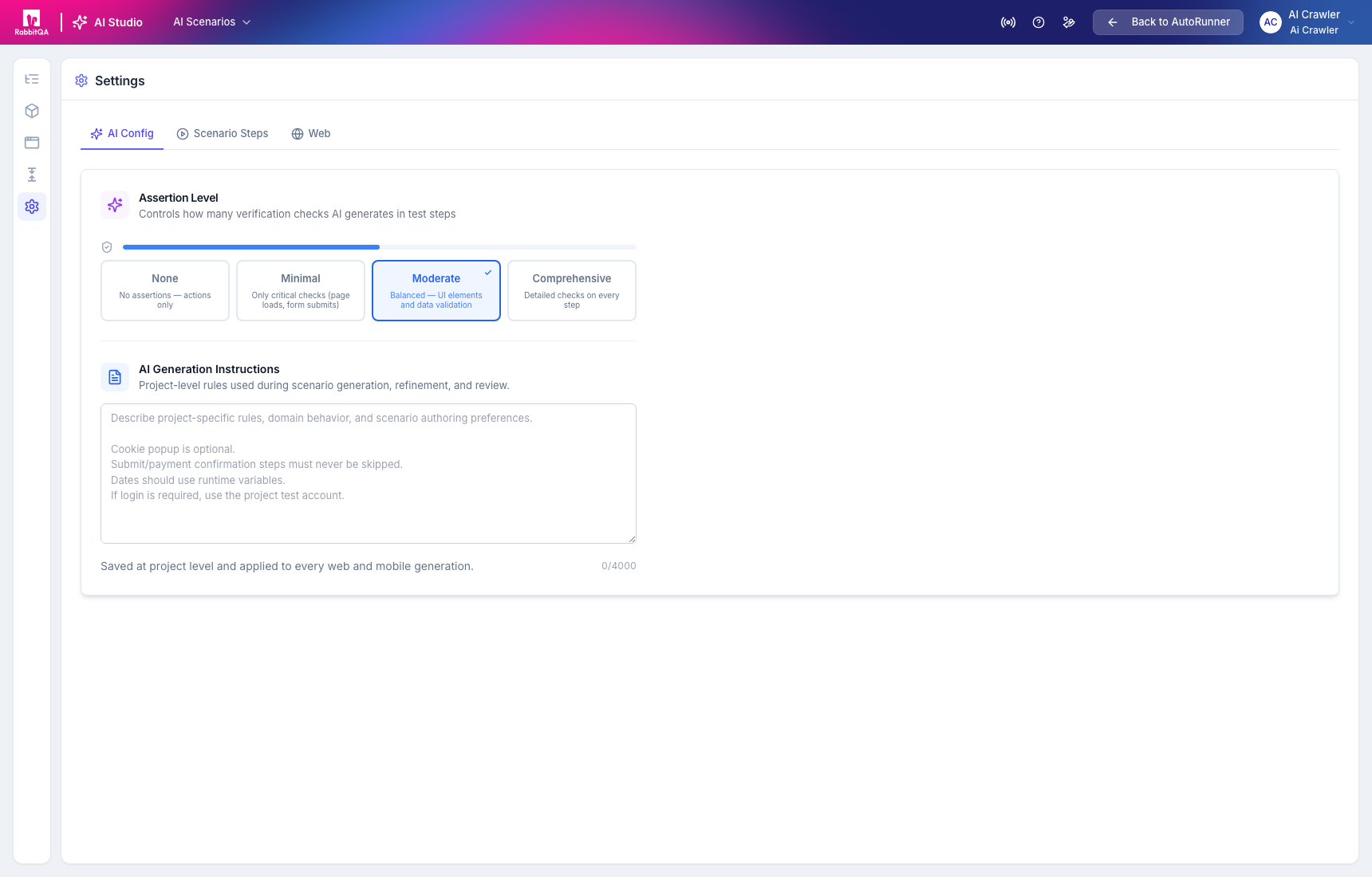 AI assertion level and instructions