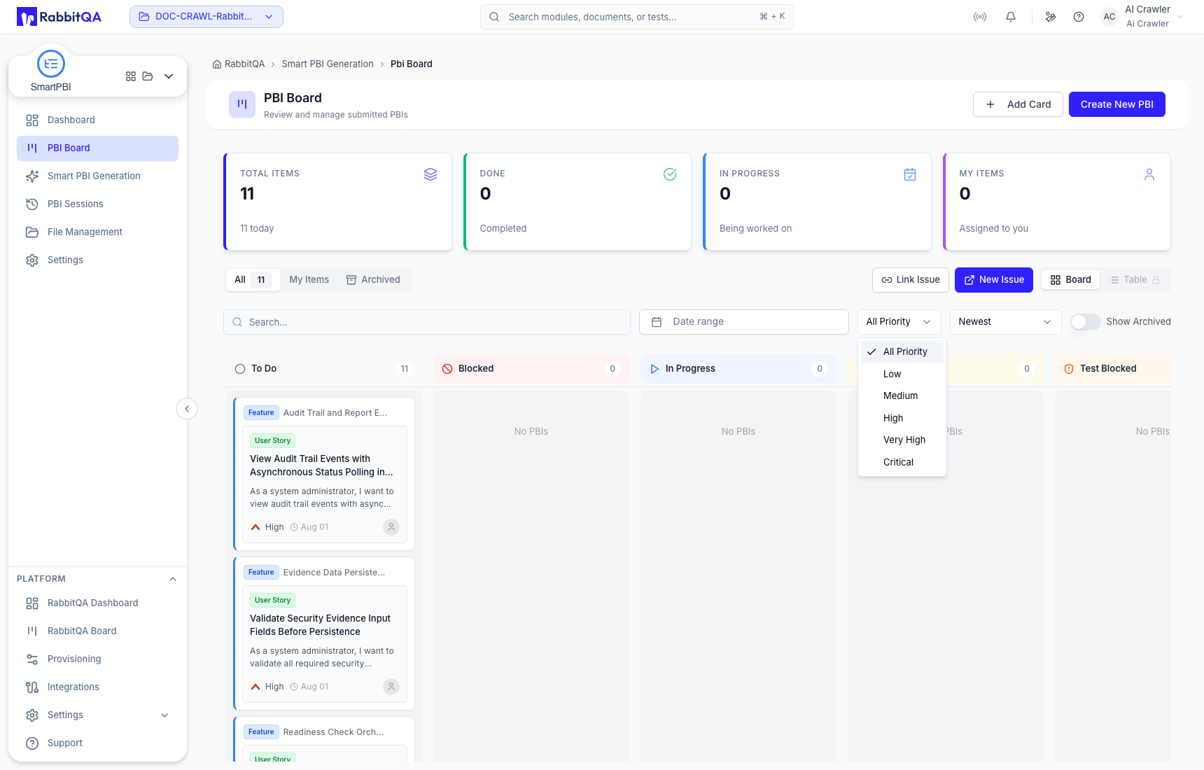 Board priority filter options