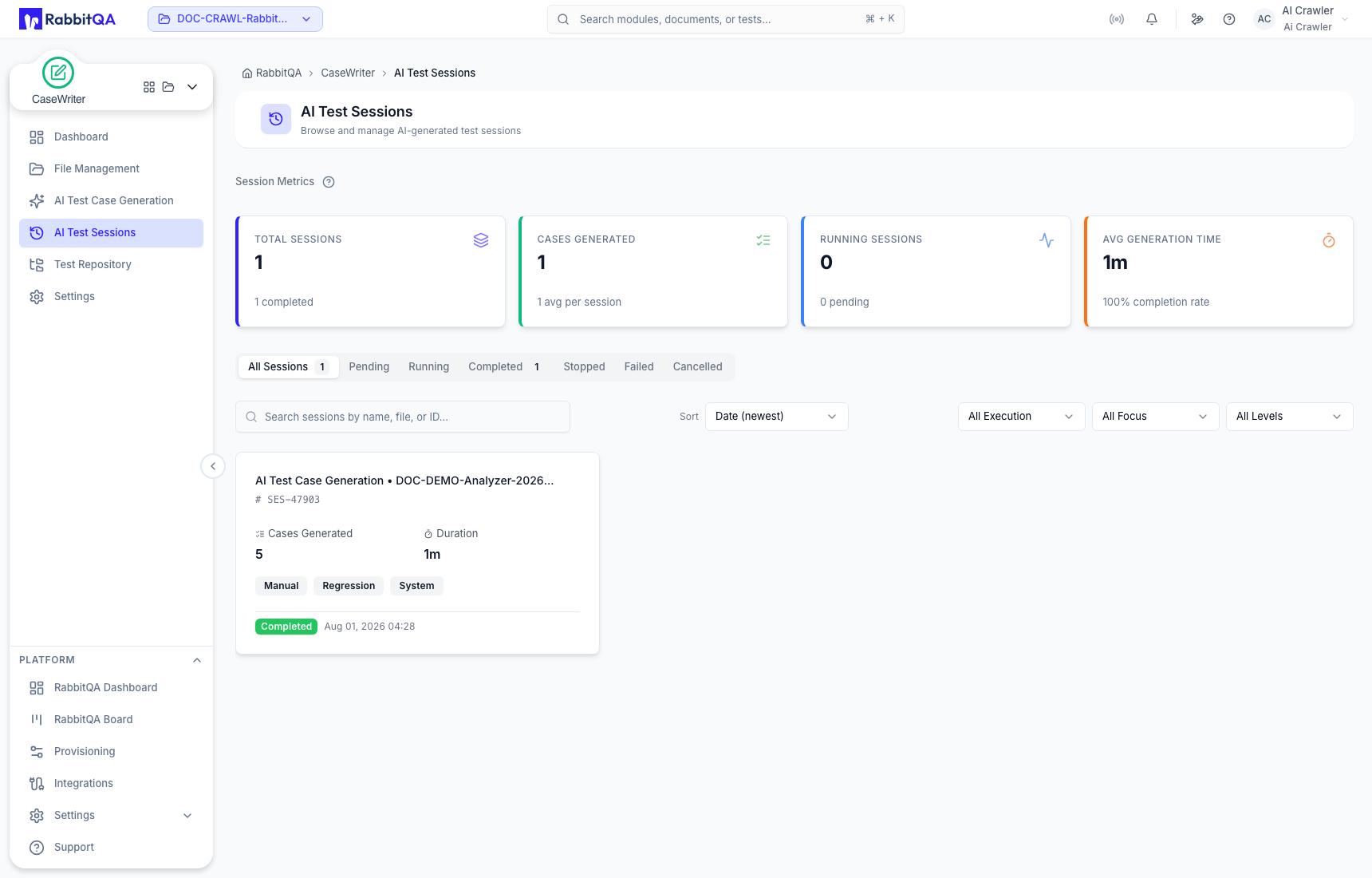 AI Test Sessions summary and status tabs