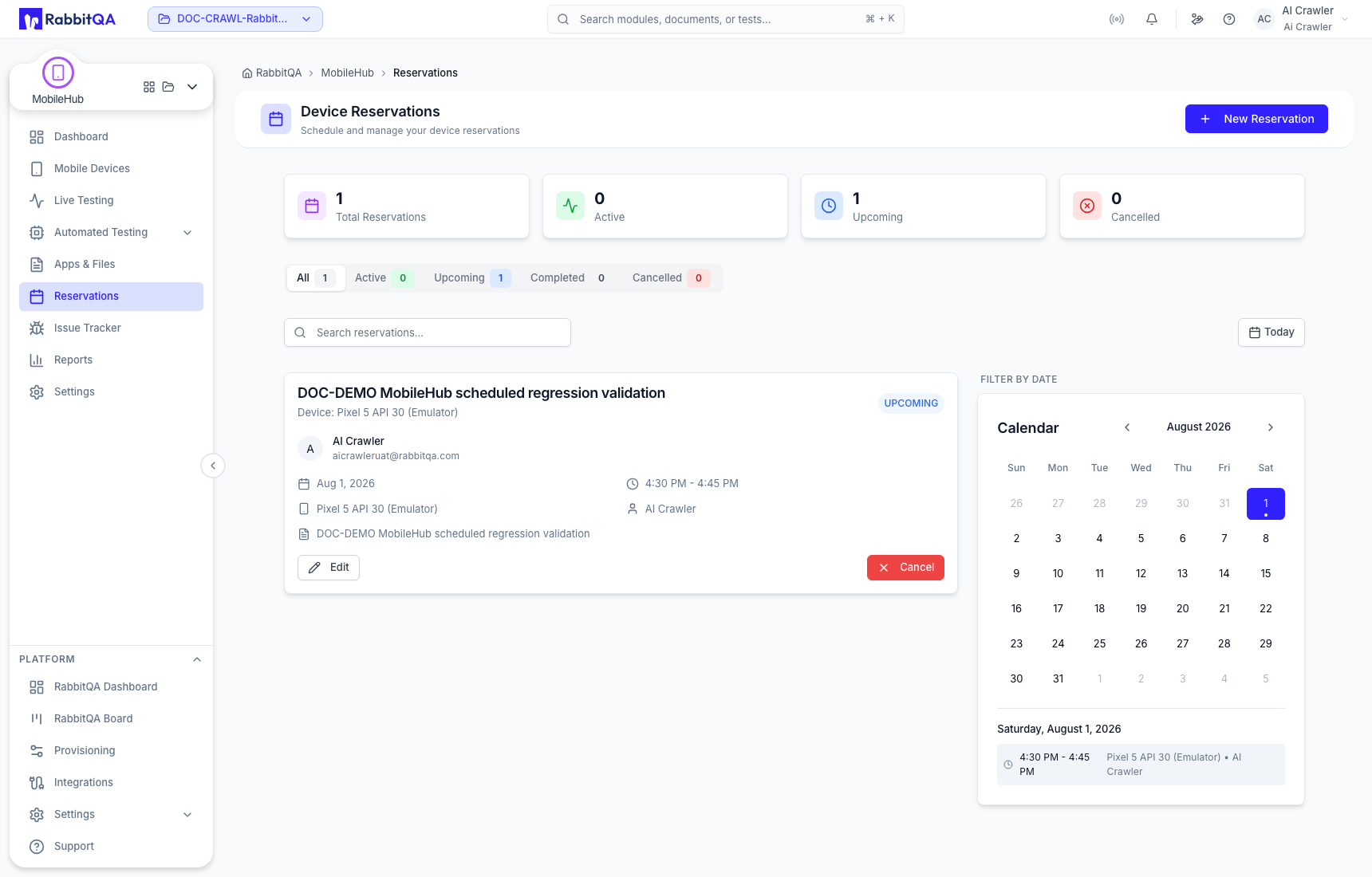 Created upcoming reservation