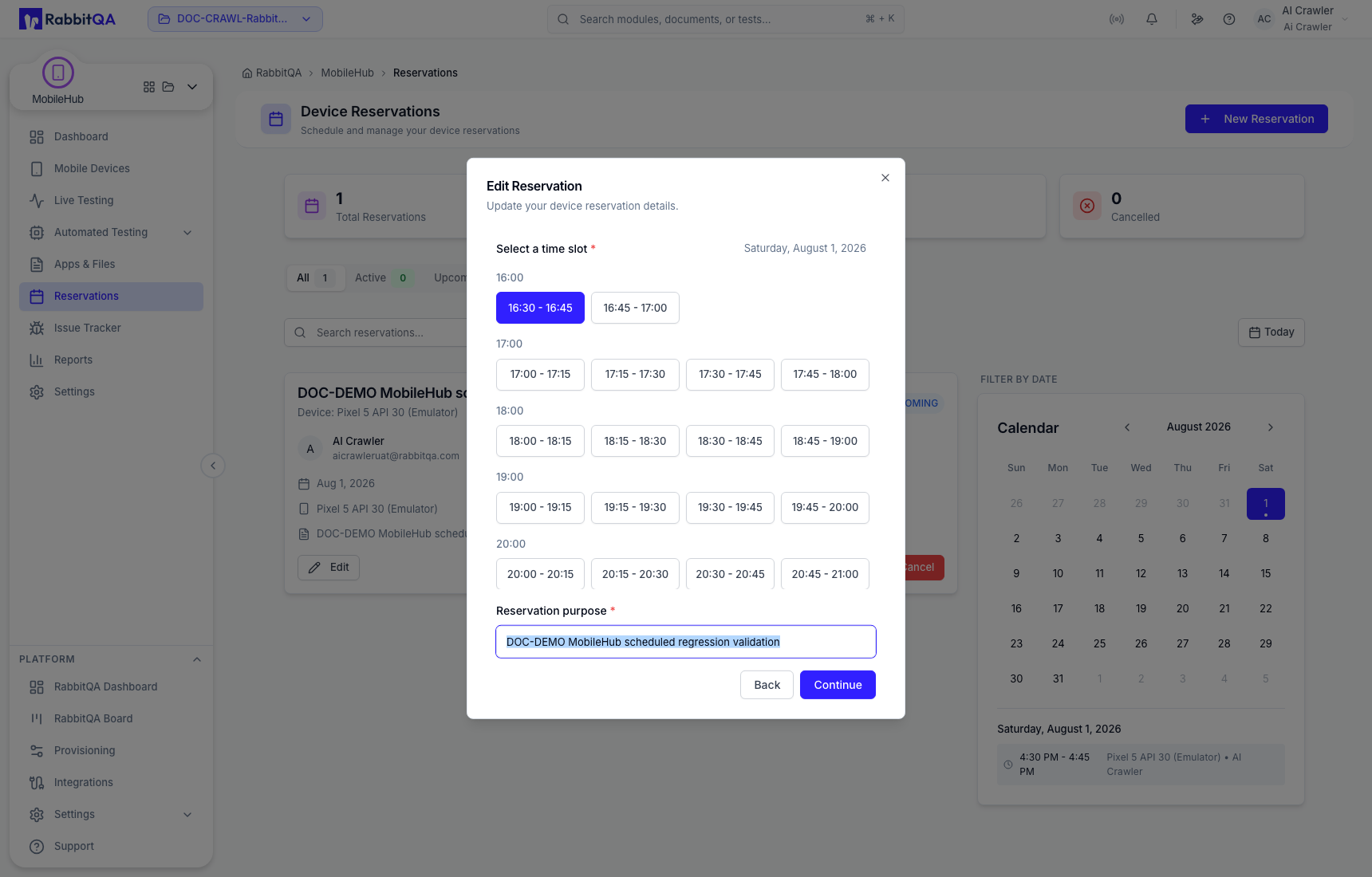 Edit reservation time and purpose