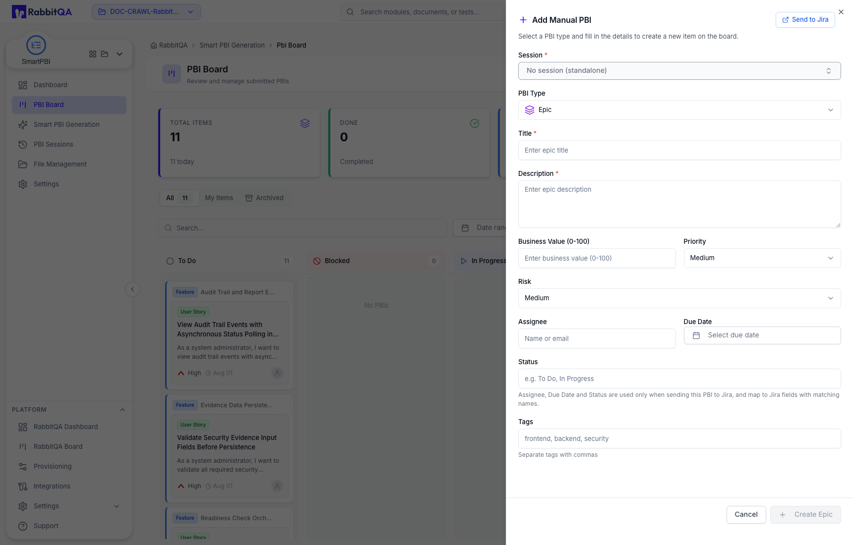 Manual PBI session and type fields