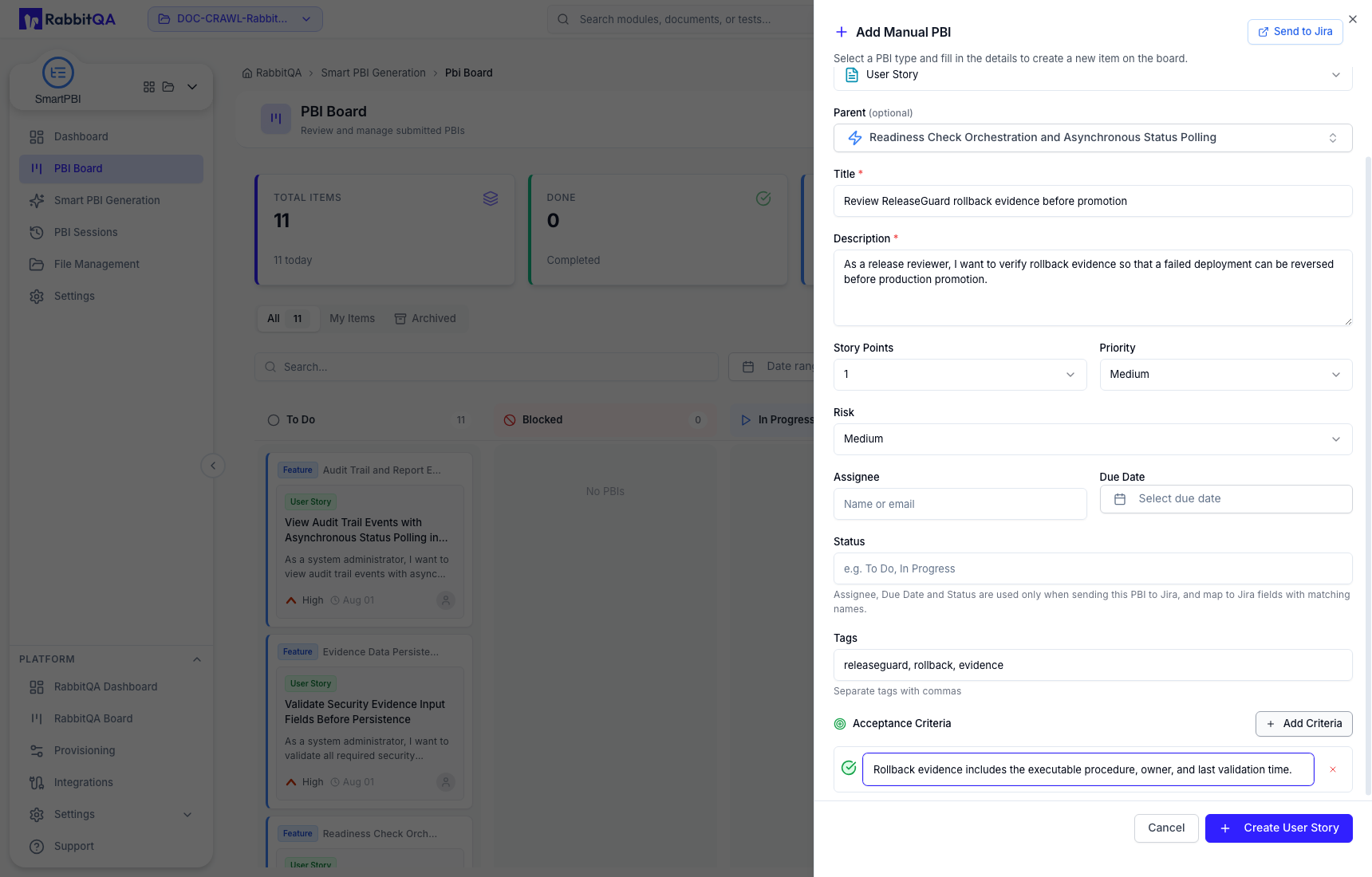 Manual User Story and parent fields