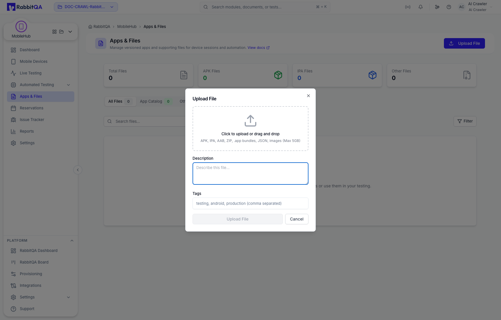 Apps and Files upload entry