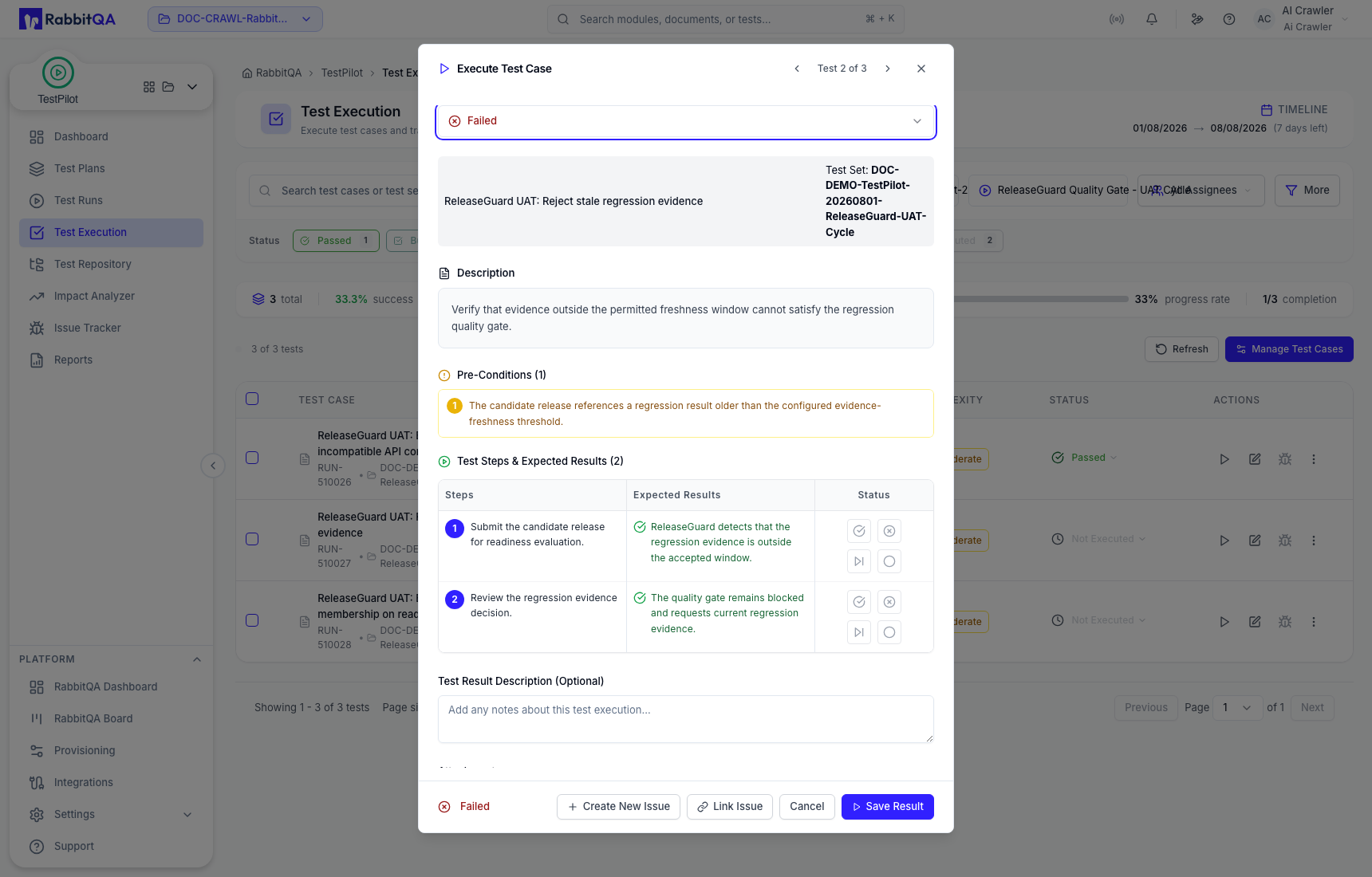 Failed result draft with issue actions