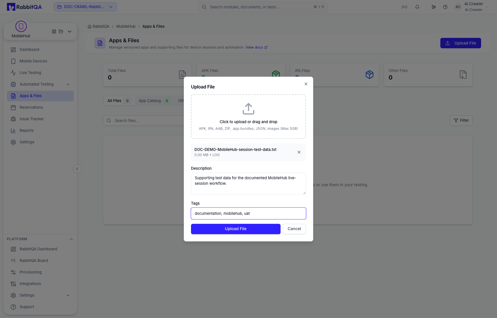 Supporting file metadata ready for upload
