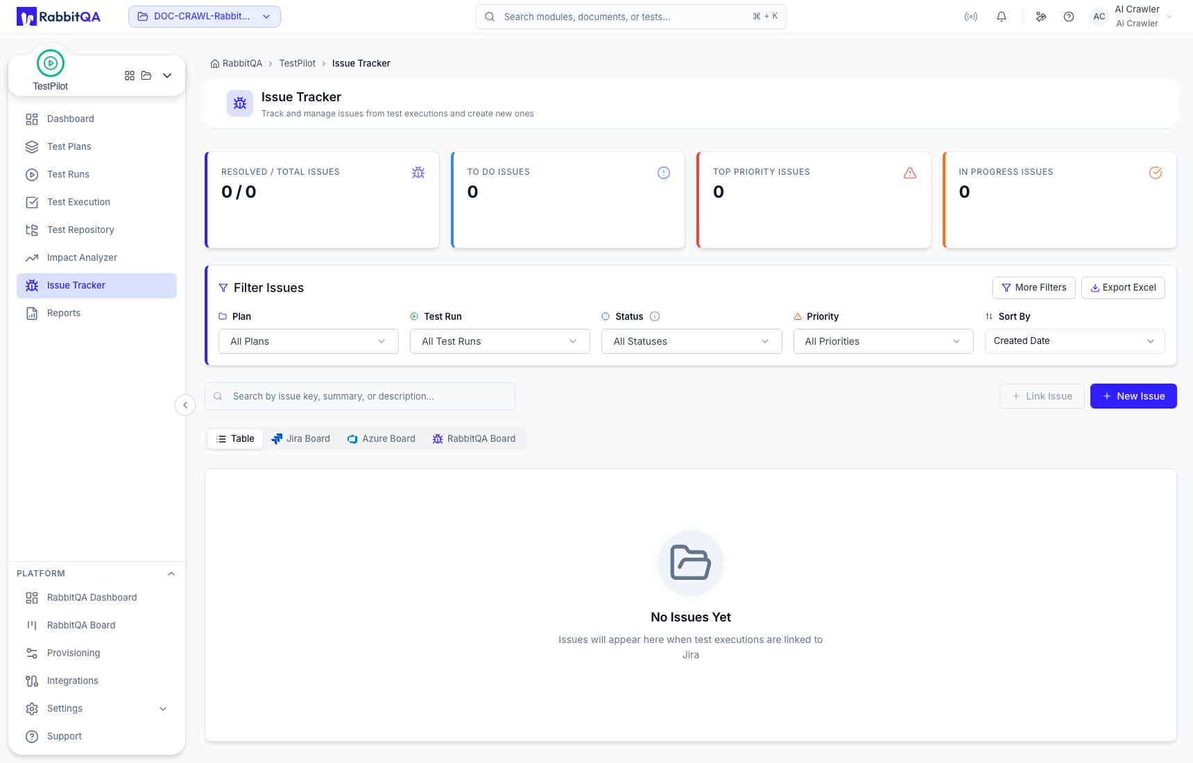 Issue summary, filters, search, and Table view