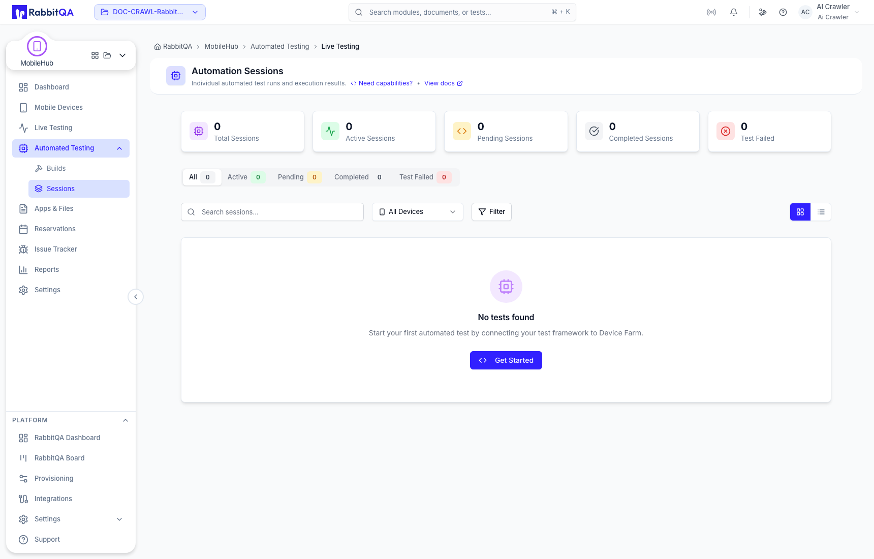Automation sessions and session filters