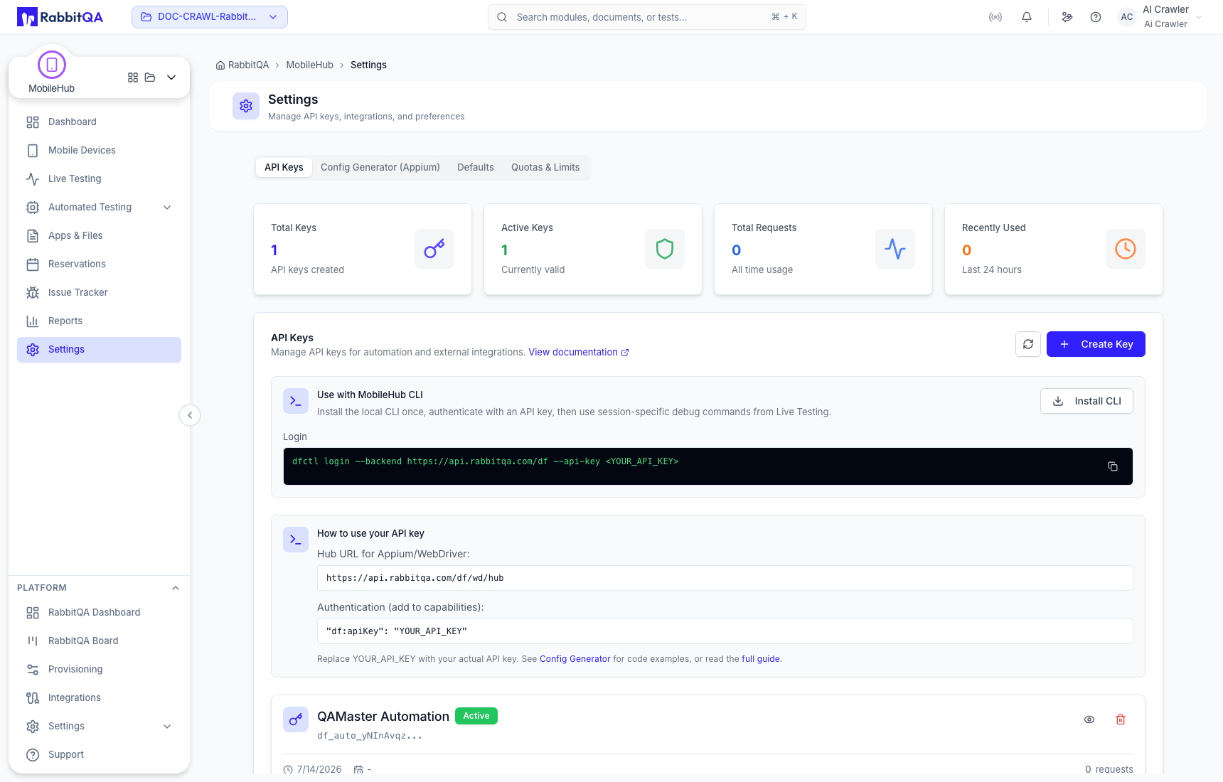 MobileHub API key management
