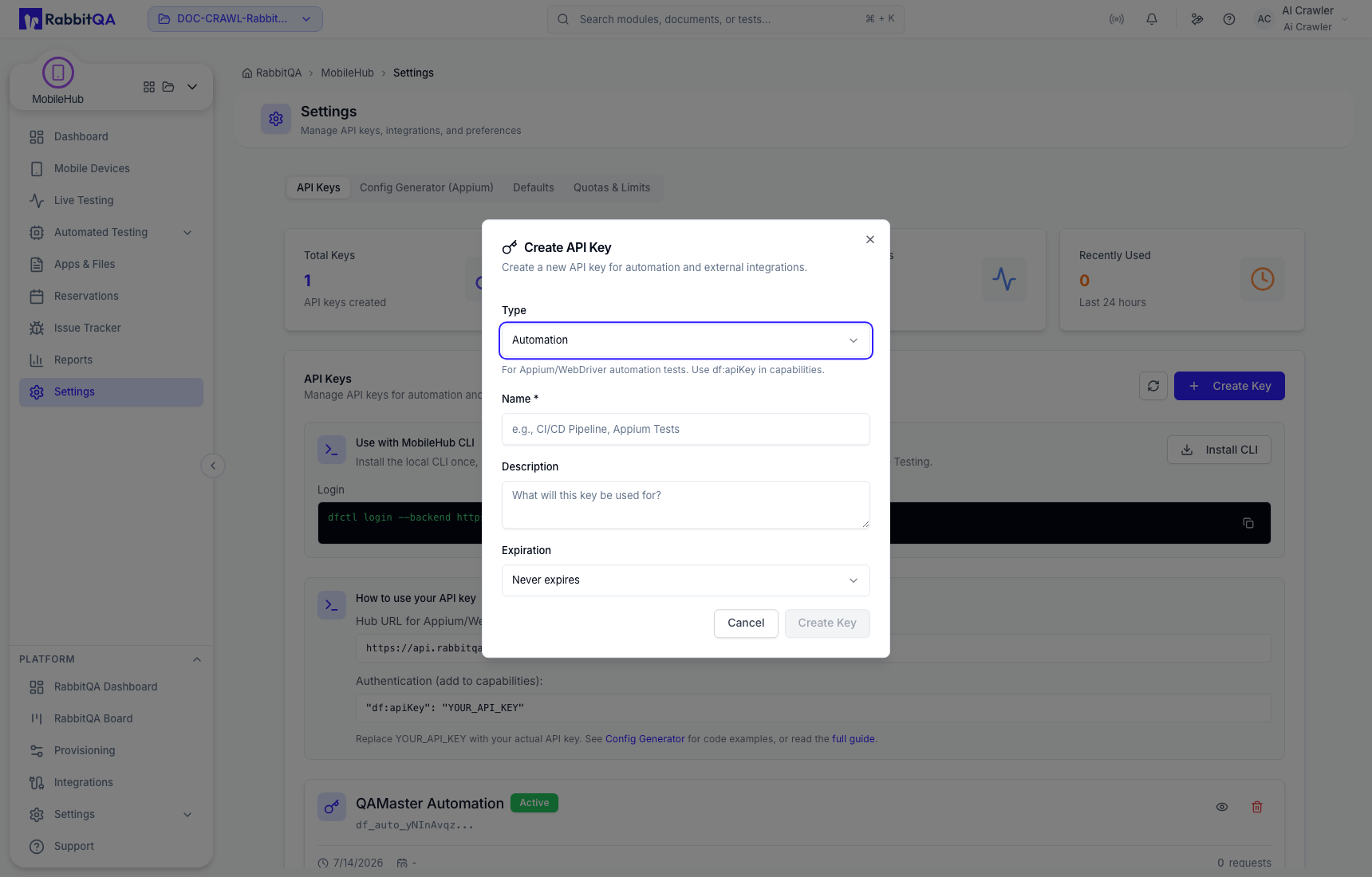 Automation API key form