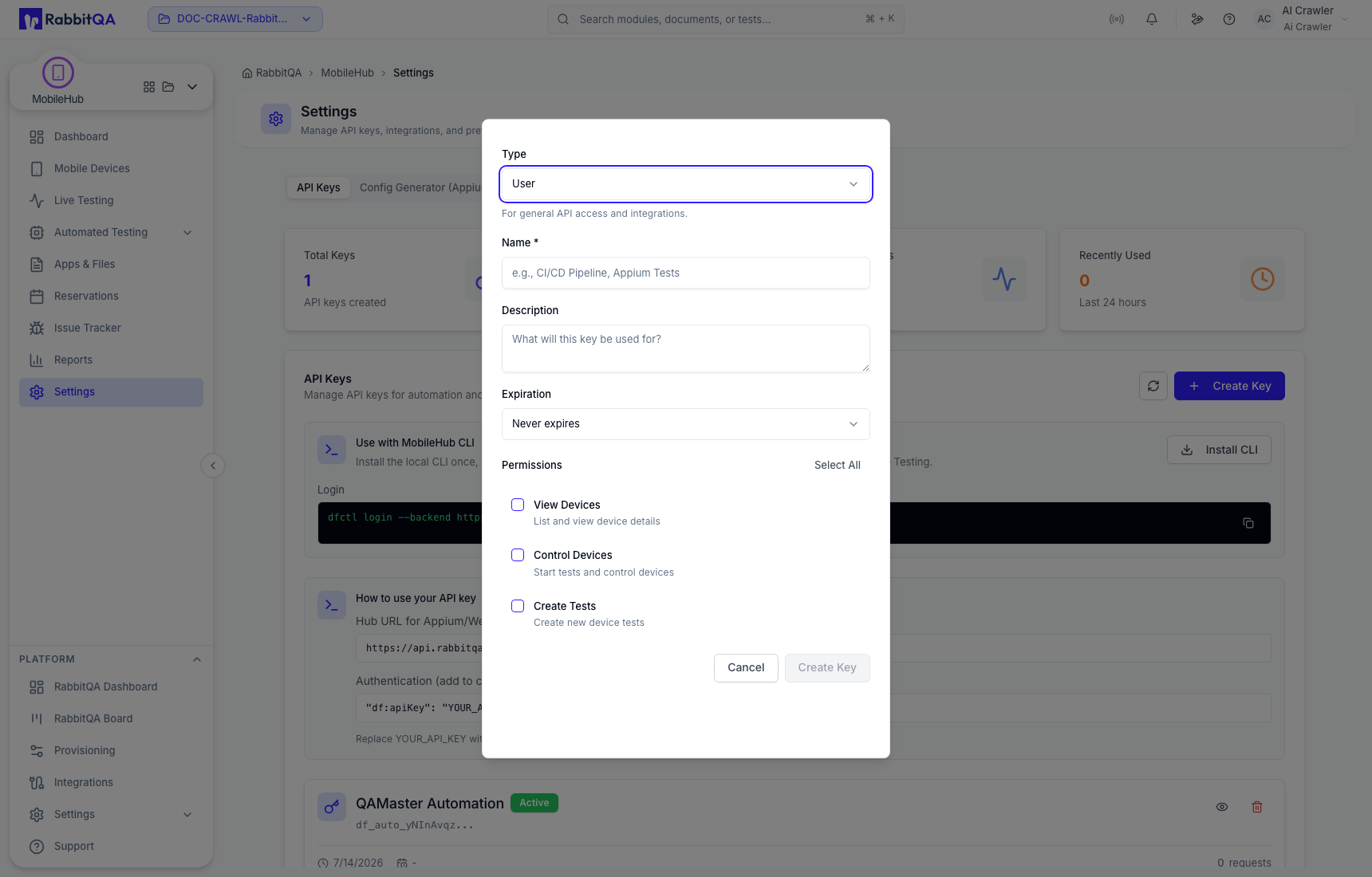 User API key permission choices