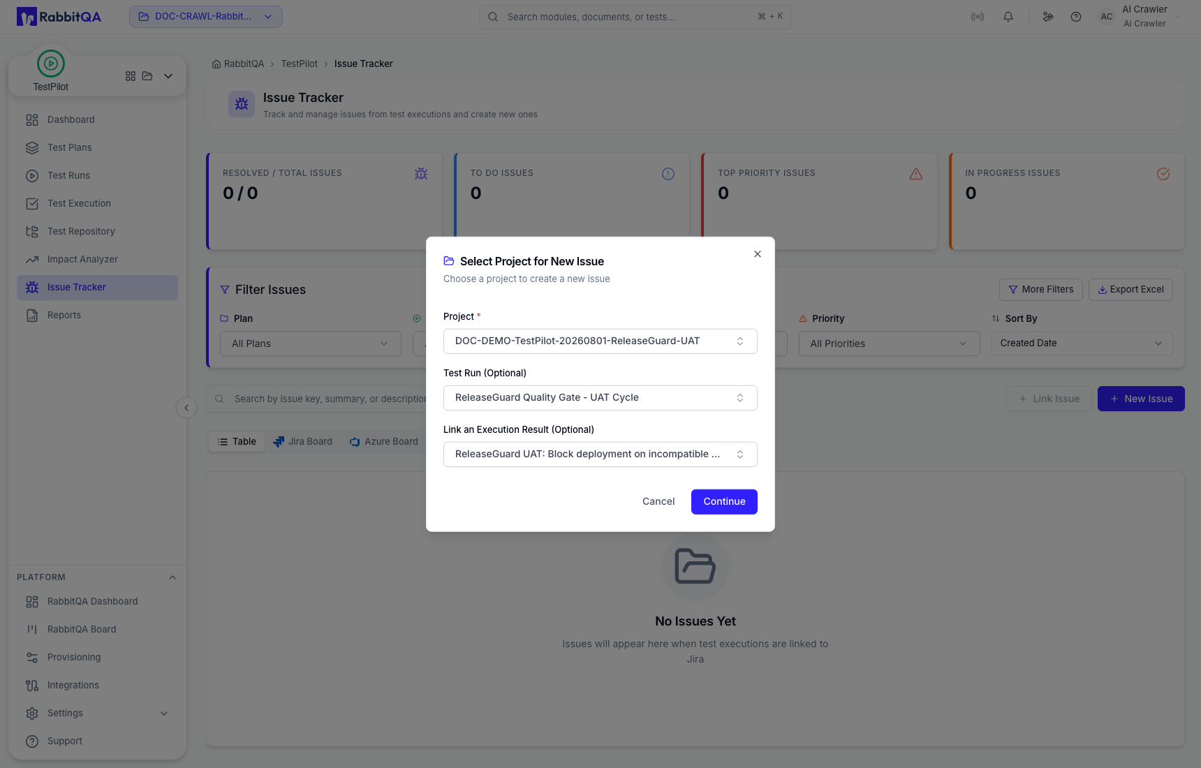 New issue scoped to a Test Plan, Test Run, and execution