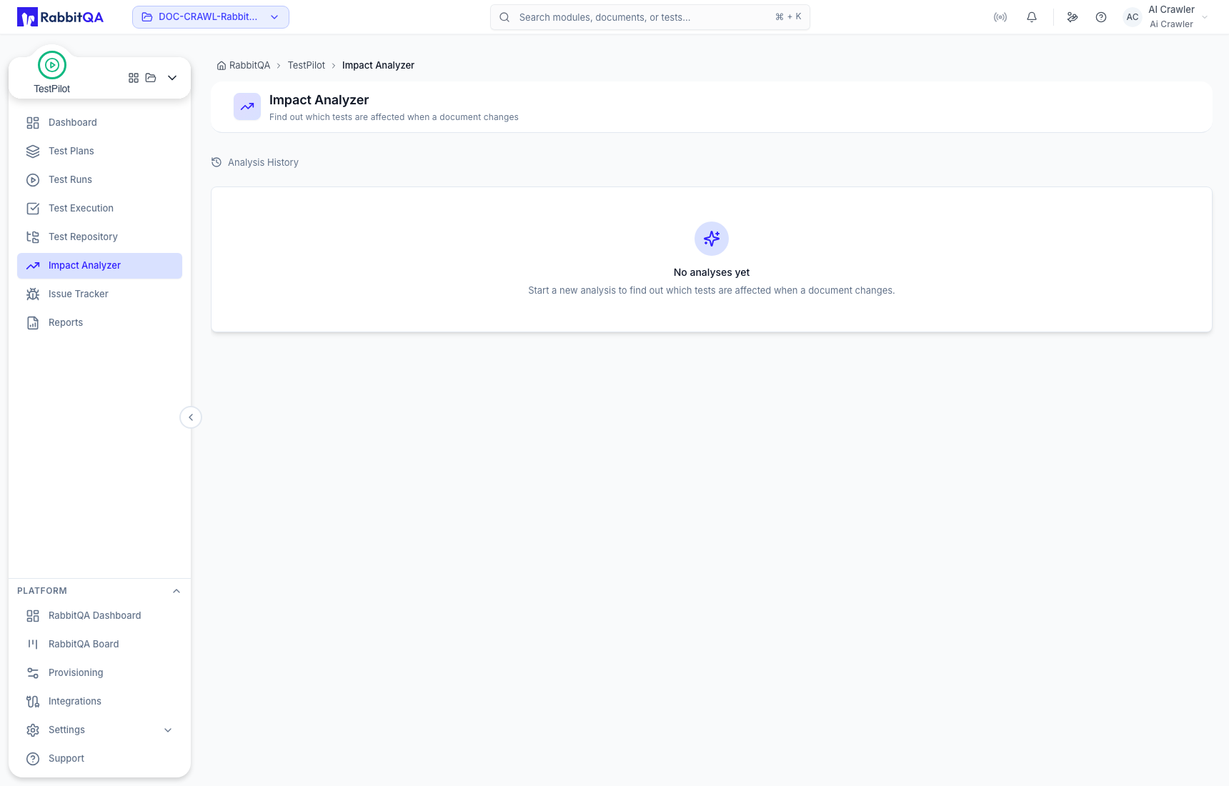 Impact Analyzer history for a view-only TestPilot role