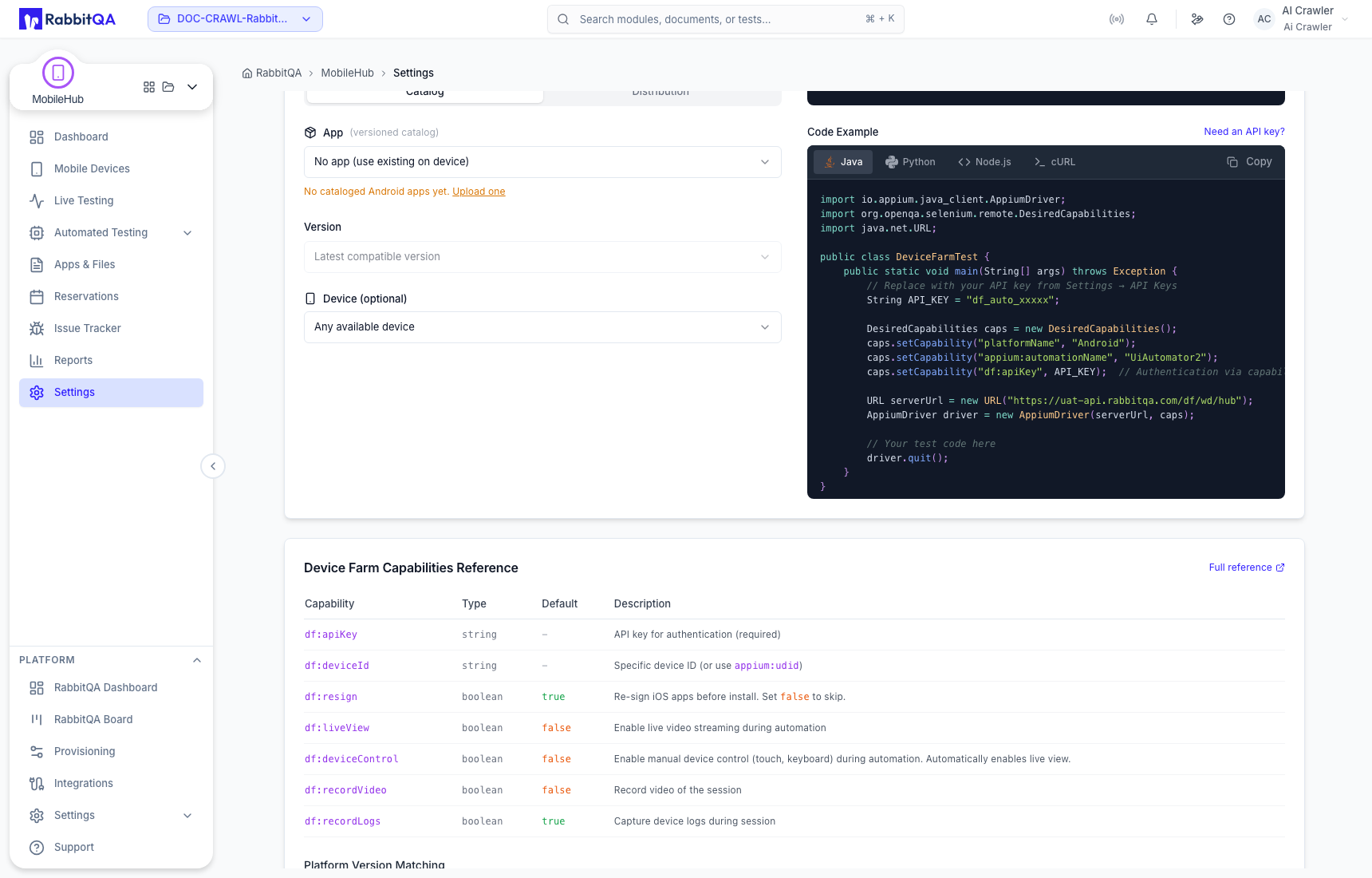 App, device, and code settings