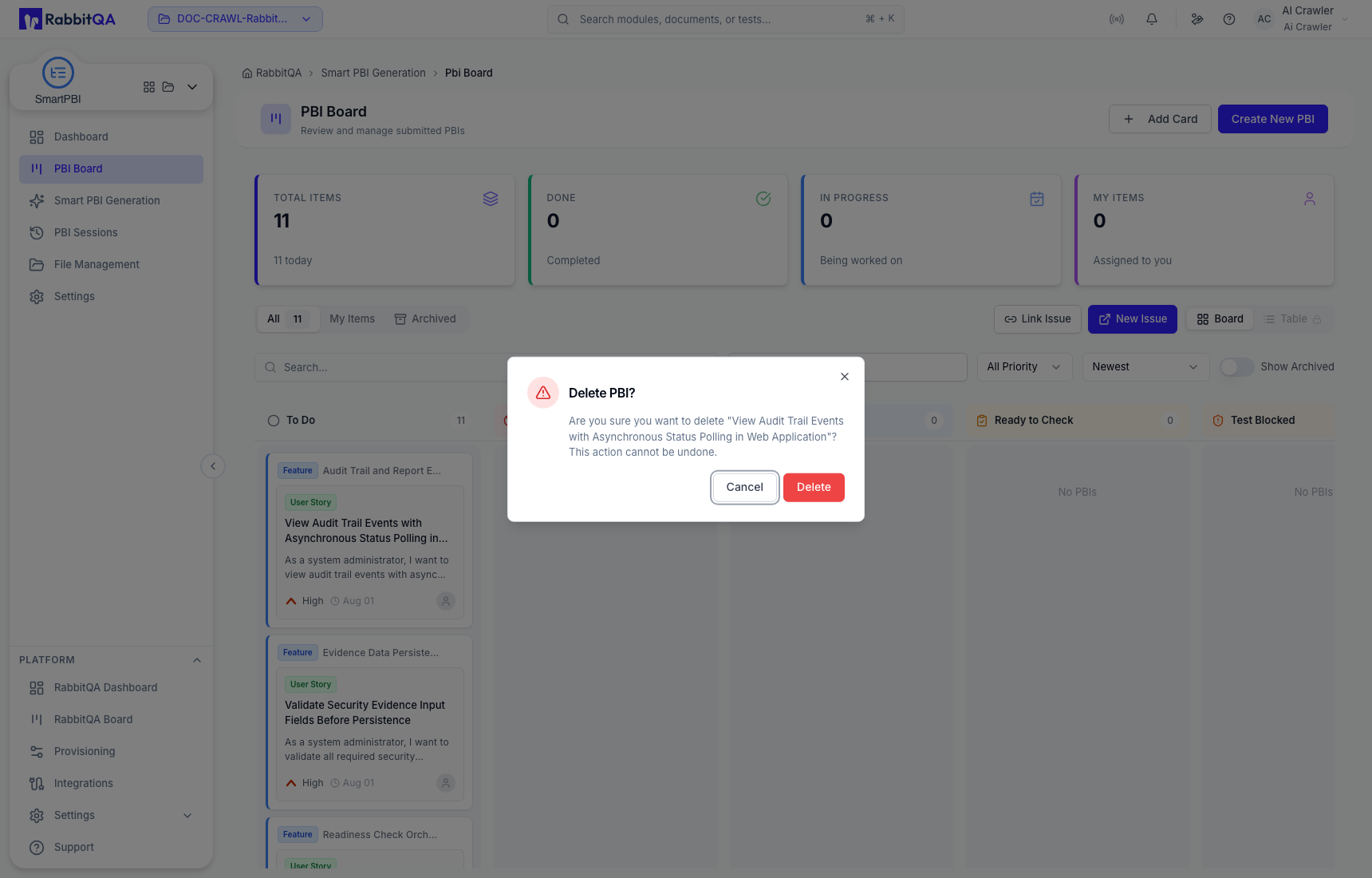 Permanent board PBI delete confirmation