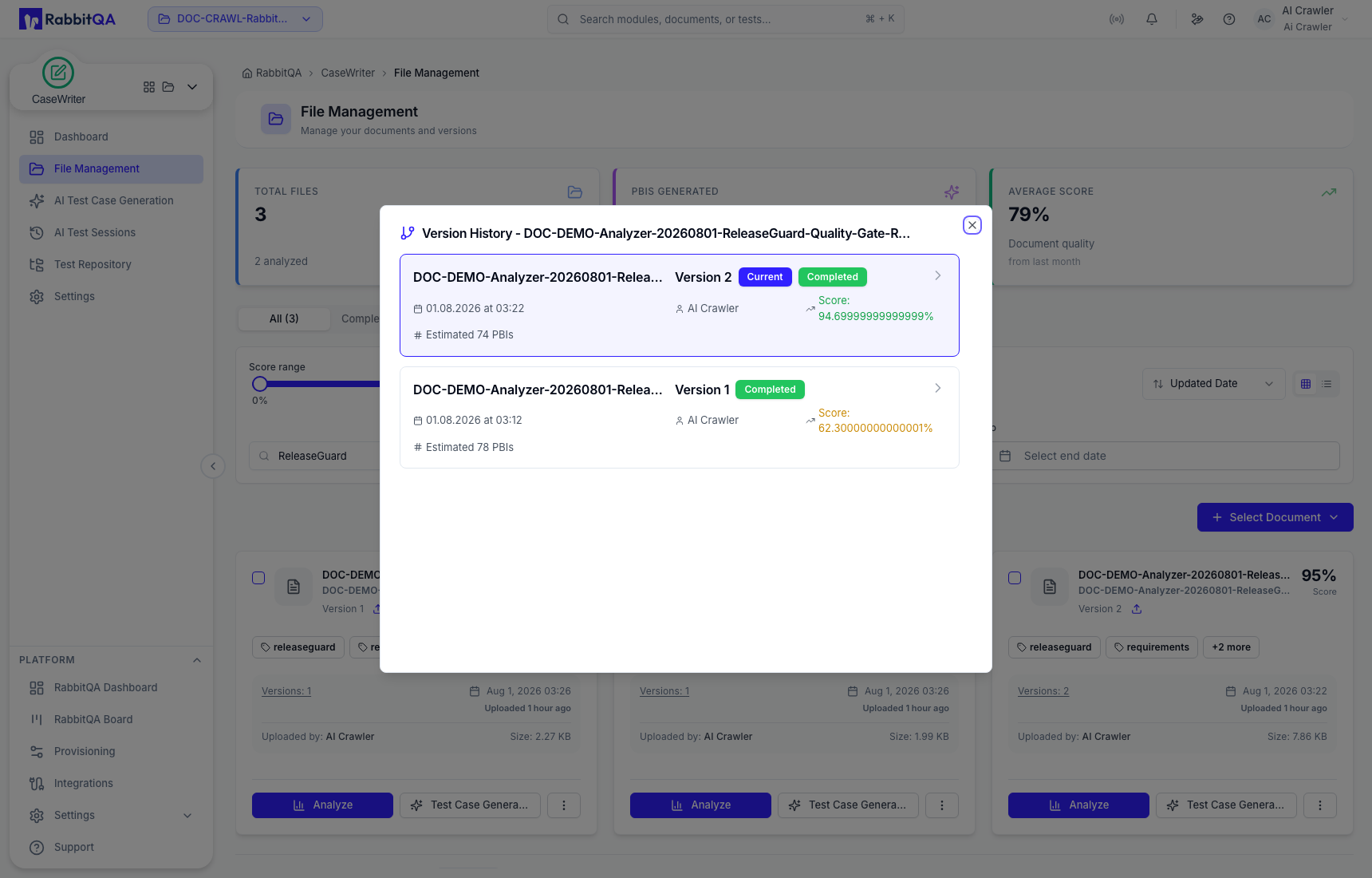 Version history with the current Analyzer version
