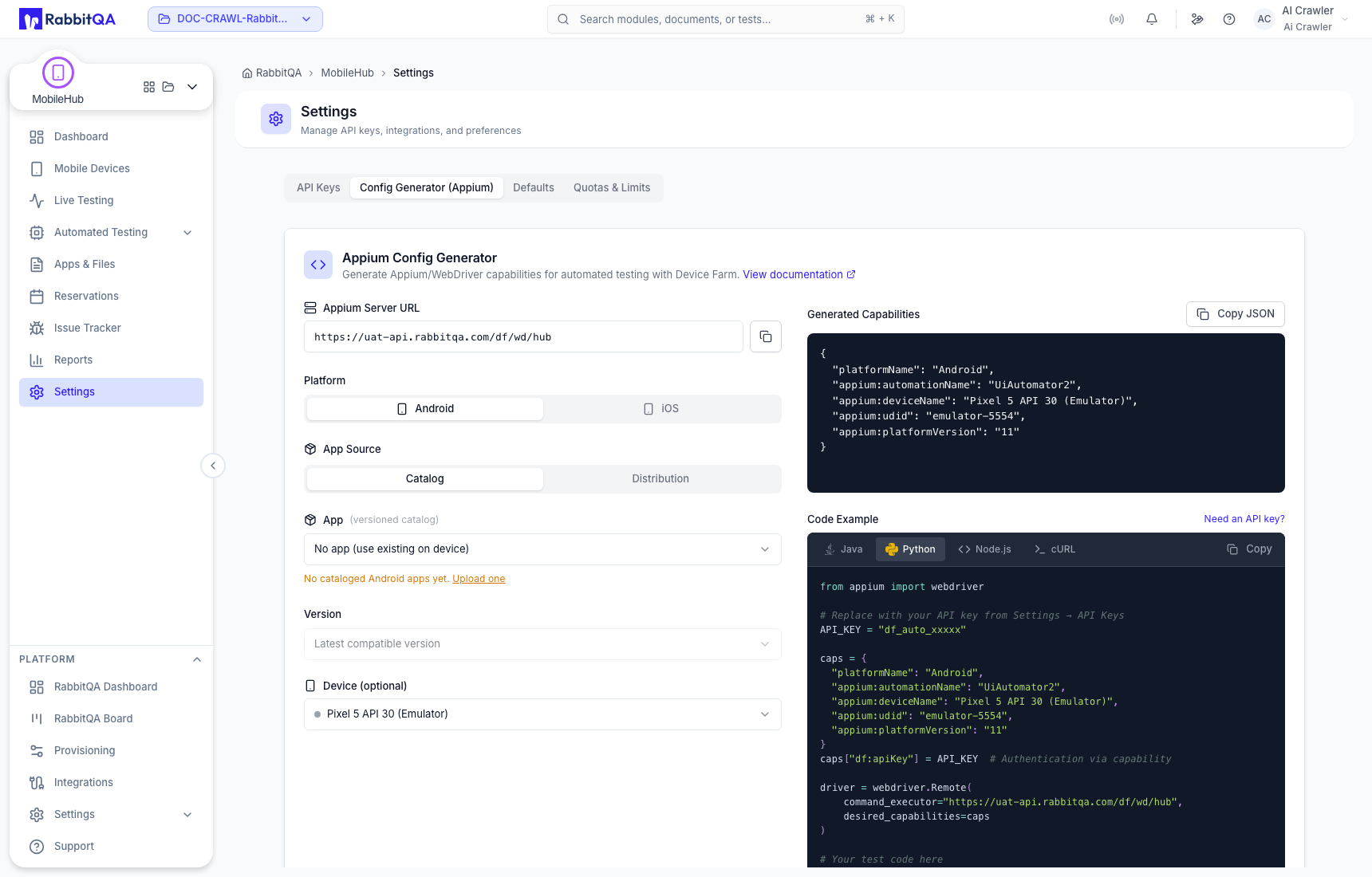 Python Appium code example