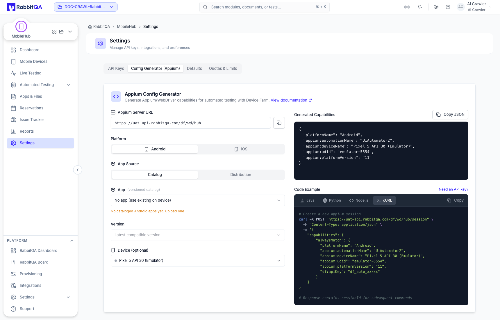cURL Appium session request