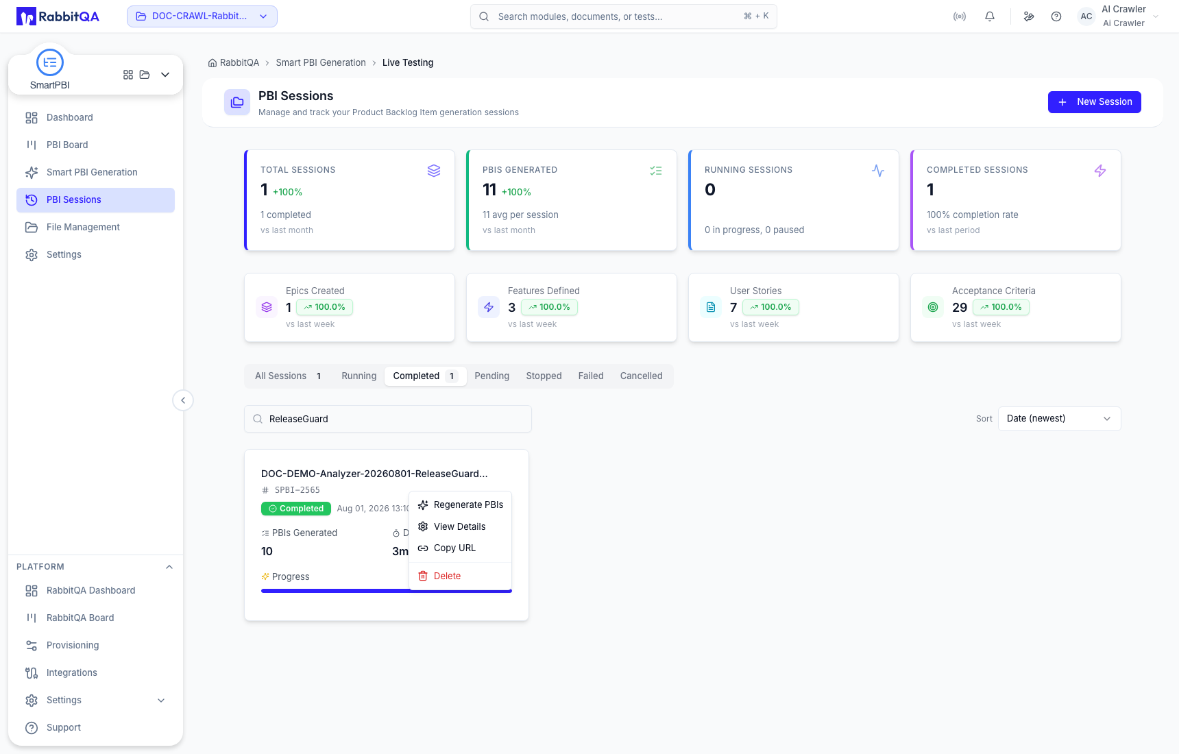Completed PBI Session actions