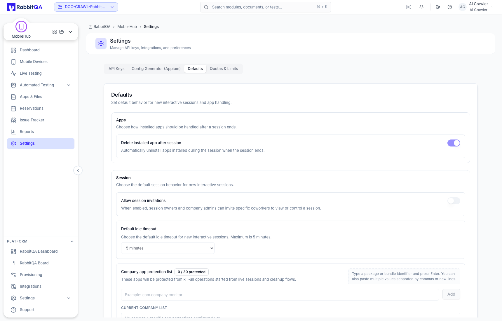 Live session defaults